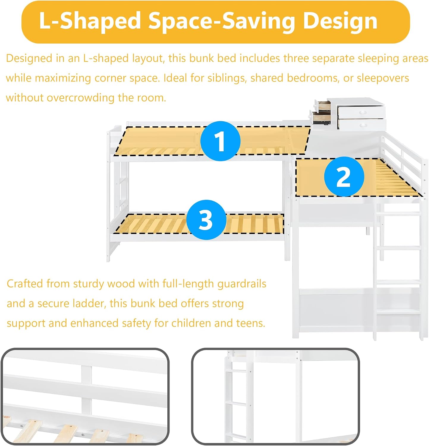 Harper & Bright Designs Twin L-Shaped Bunk Bed with Trundle, Can be Divided into Two L-Shaped Beds, No Spring Box Needed (Grey)