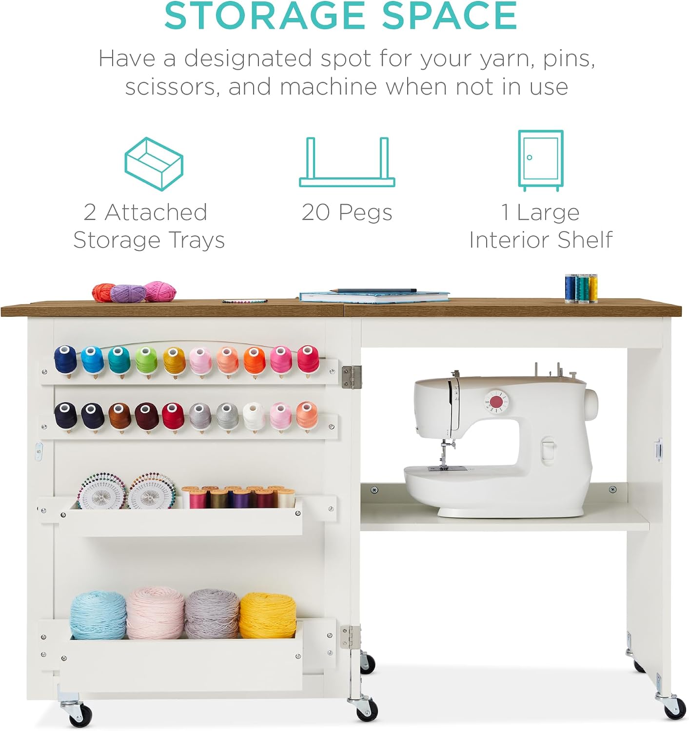 Best Choice Products Folding Sewing Table Multipurpose Craft Station & Side Desk with Compact Design, Wheels, Shelves, Storage Trays, Pegs