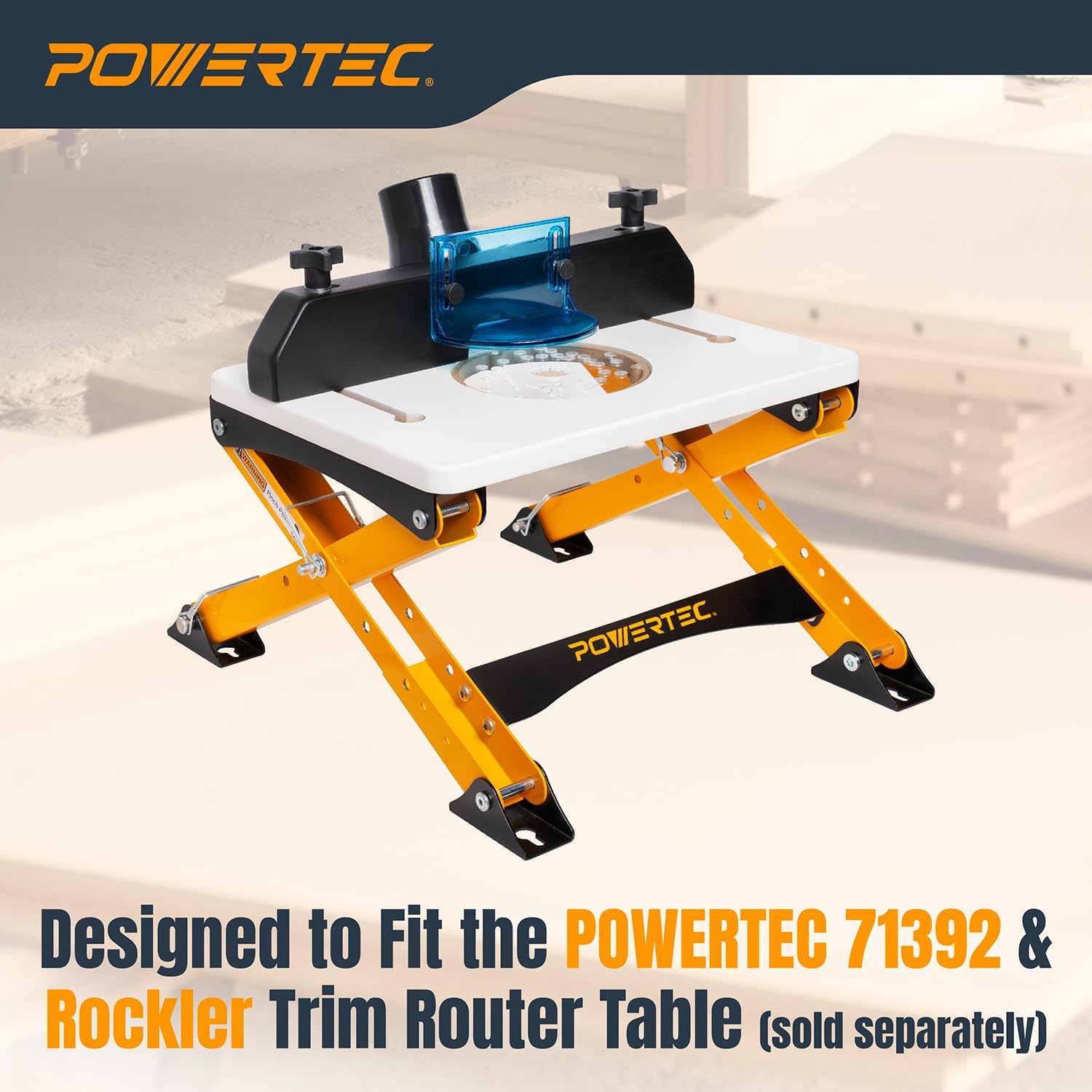 POWERTEC Folding Router Table Stand – Adjustable Height Workstation Base for 11-1/2" x 15-1/2" Trim Router Tables, Wall-Mount Ready