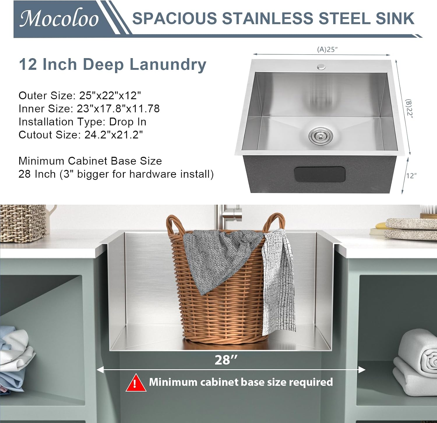 Mocoloo 13 Inch Drop in Bar Sink - 13" x 15" Small Kitchen Sink T304 Stainless Steel Handmade Single Bowl Round Corner Topmount Wet Bar Sink for