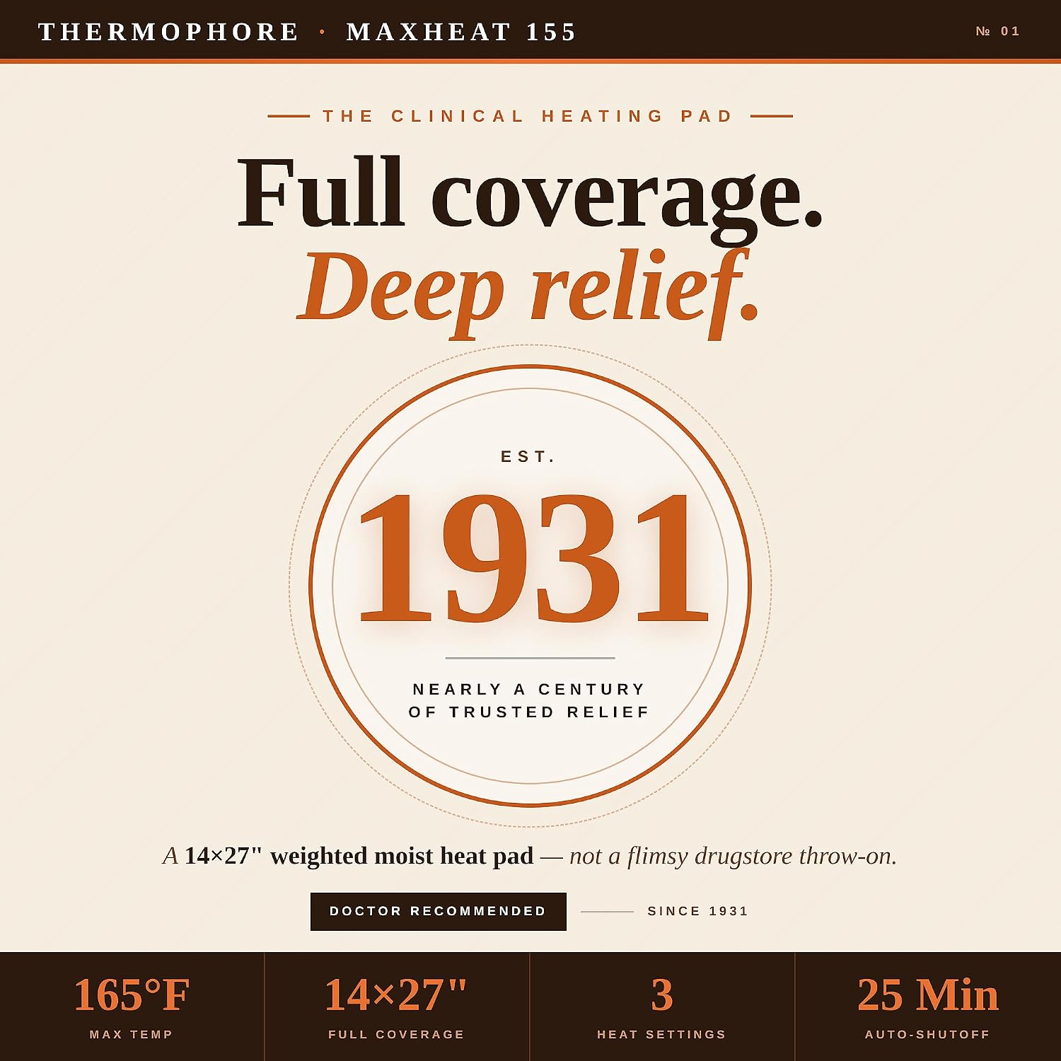 Thermophore MaxHEAT Automatic Moist Heating Pack Model 155 – Large 14" x 27" XL Heating Pad, Deep Heat Therapy for Muscle, Back & Joint Pain Relief