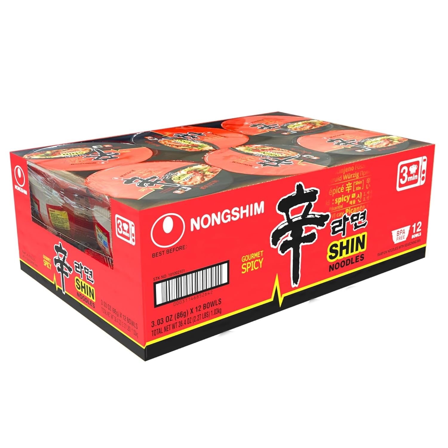 Nongshim Shin Ramyun Bowl Noodles, Spicy Korean Signature Instant Ramyun, Rich Beef Flavored Broth, Quick and Easy, Microwaveable Bowl, 3.03 oz (Pack of 12)
