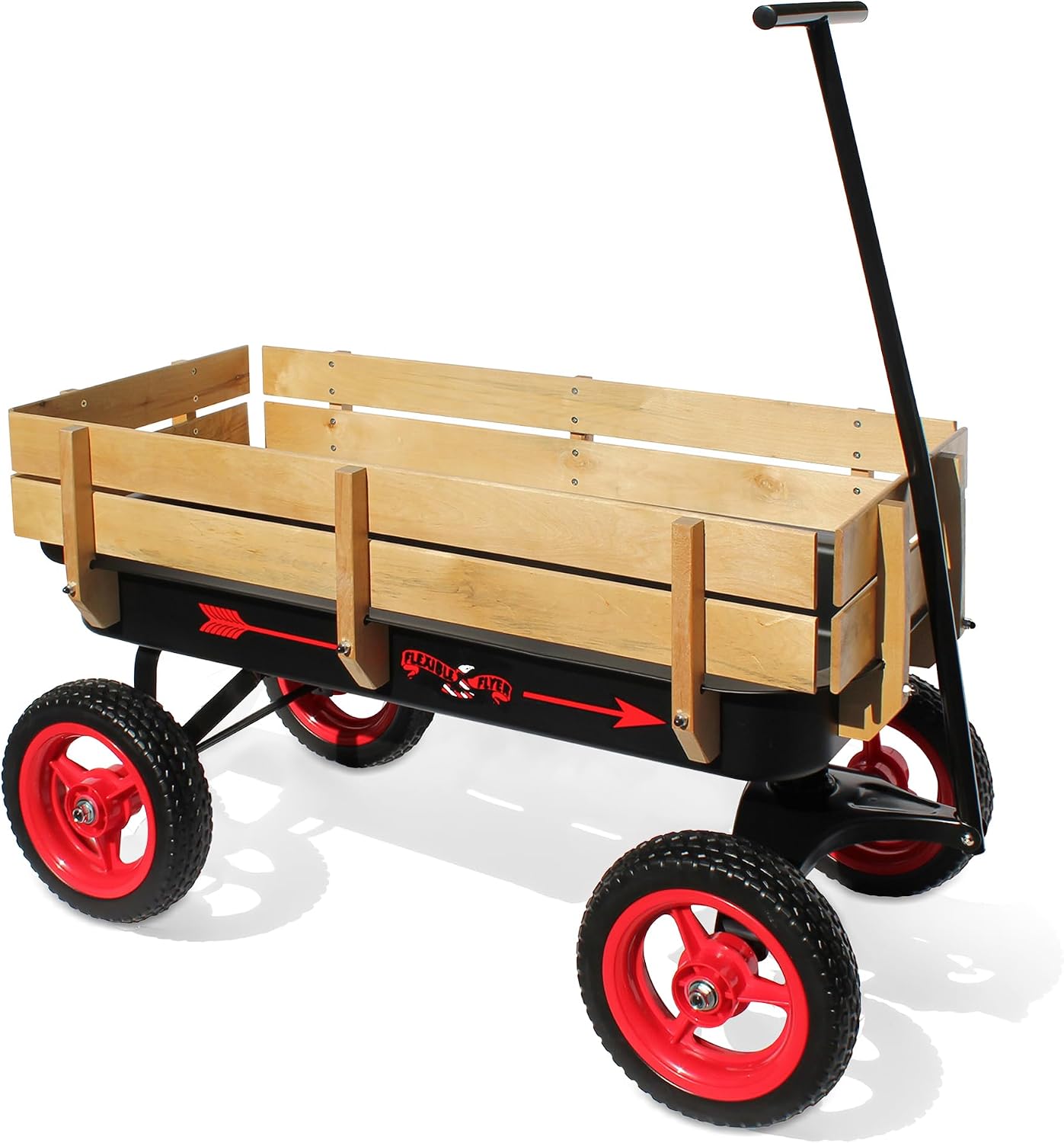 Flexible Flyer All-Terrain Wagon for Kids with Steel Bed & Wood Sides, Extra-Long Pull Handle for Adults, Heavy Duty Toy, Garden & Beach Baby Wagon
