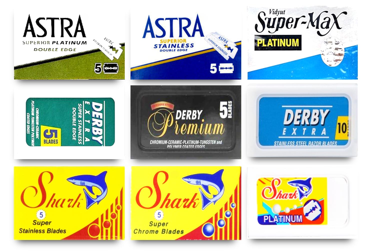 Astra-Derby-Shark-Permasharp 50 Quality Double Edge Razor Blades Sampler (9 different brands)