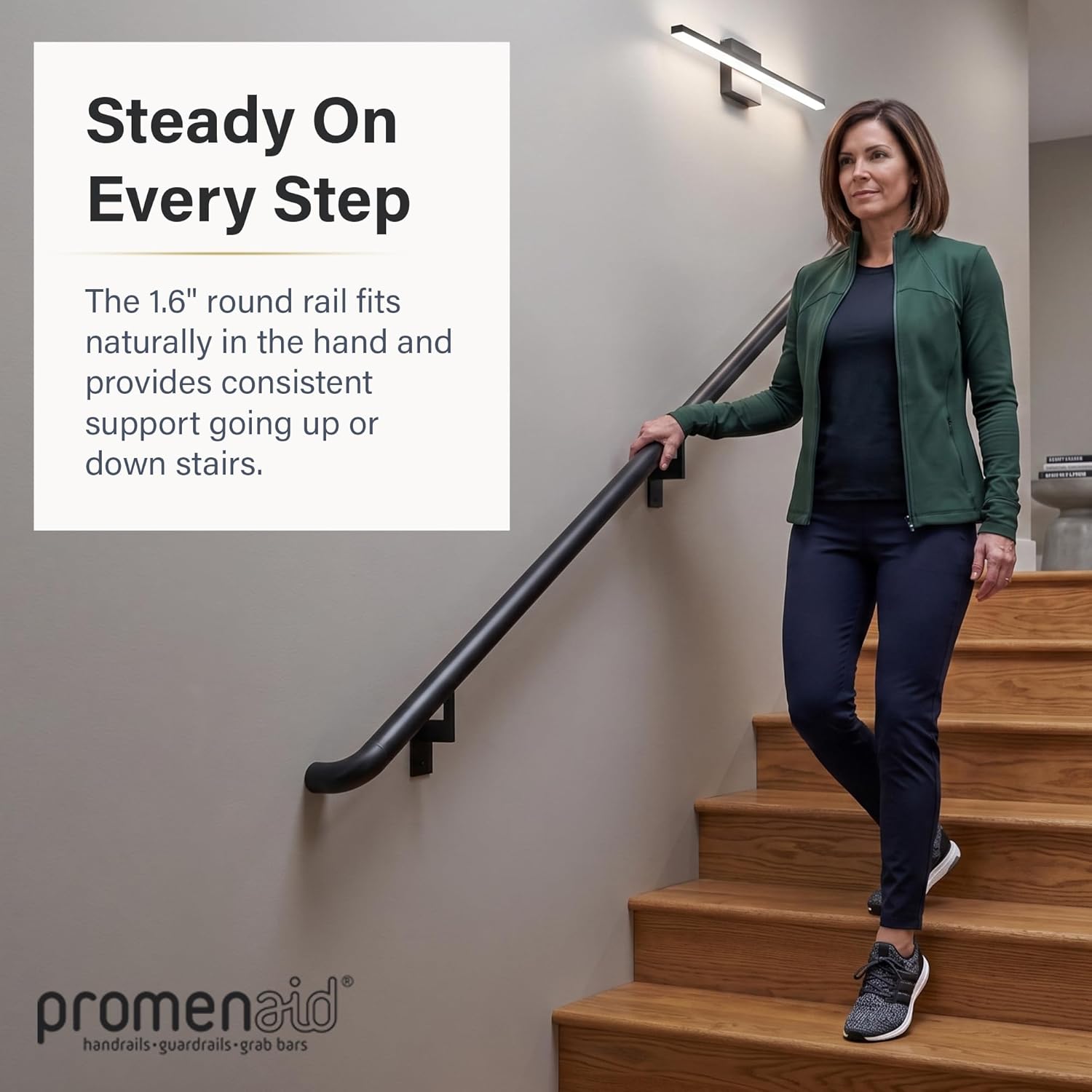 Promenaid Silver 5ft ADA Handrail Kit - Complete Indoor/Outdoor Stair Handrail - 1.6" Round Satin-Anodized Aluminum Railing with 3 Silver Painted