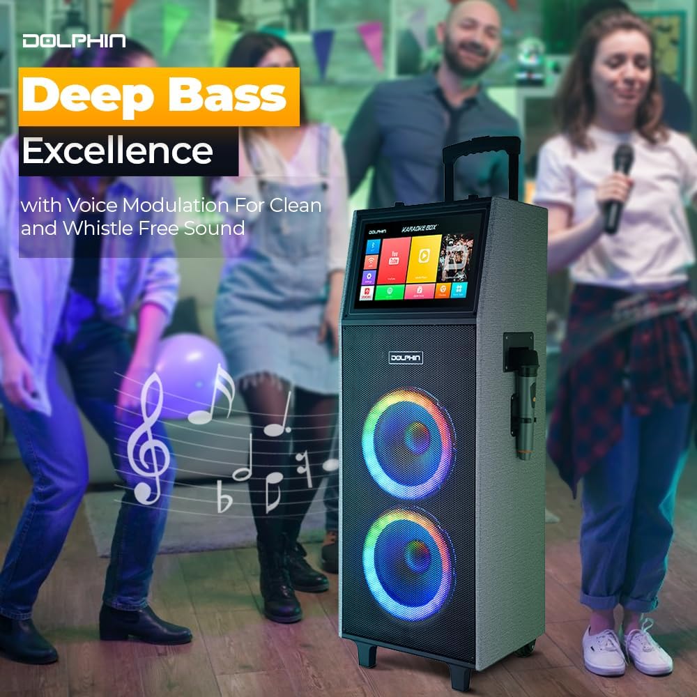 Dolphin KB-2100R Karaoke Machine with 2 Wireless Mics, Dual 10" Woofers | 14" Touchscreen, Android 11.1, Bluetooth, USB, TF, FM & AUX Inputs