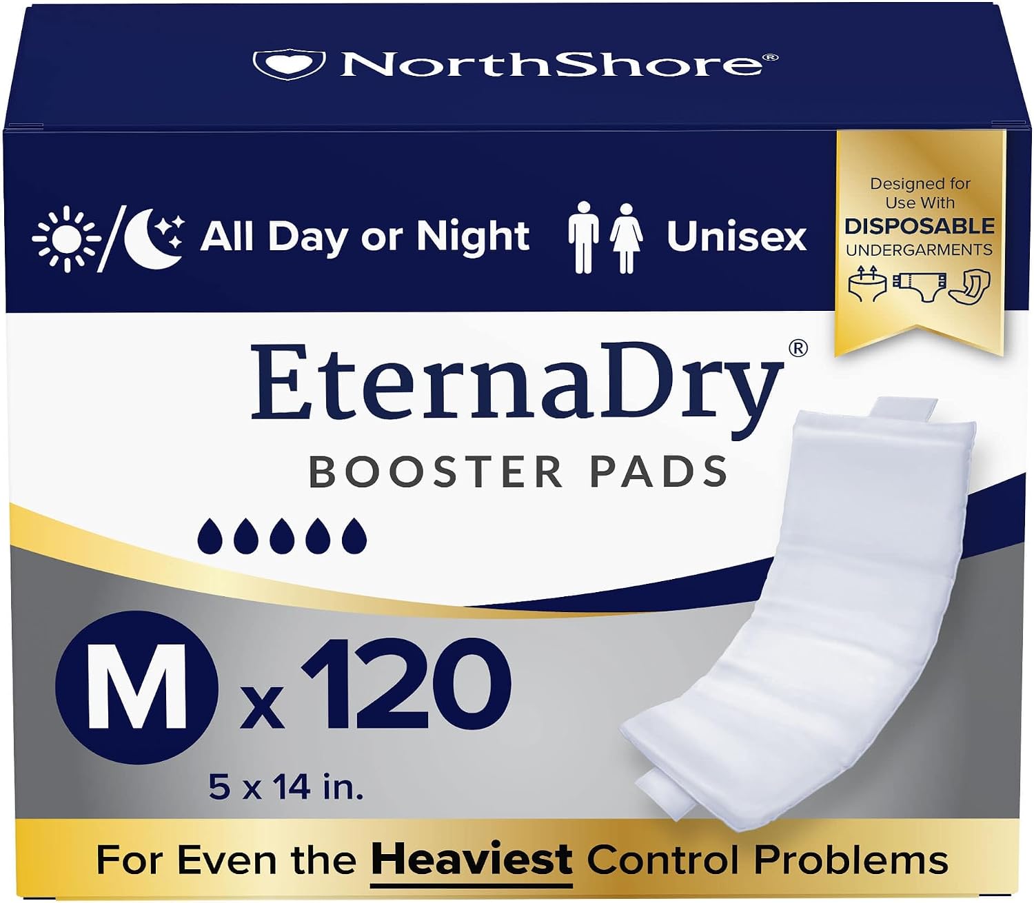 NorthShore EternaDry Booster Pads with Adhesive, Large, 30 Count | Diaper Doublers for Men and Women, Extended Leak Protection, Overnight Heavy Bladder Leaks, Minimize Changes, 6x16 in.
