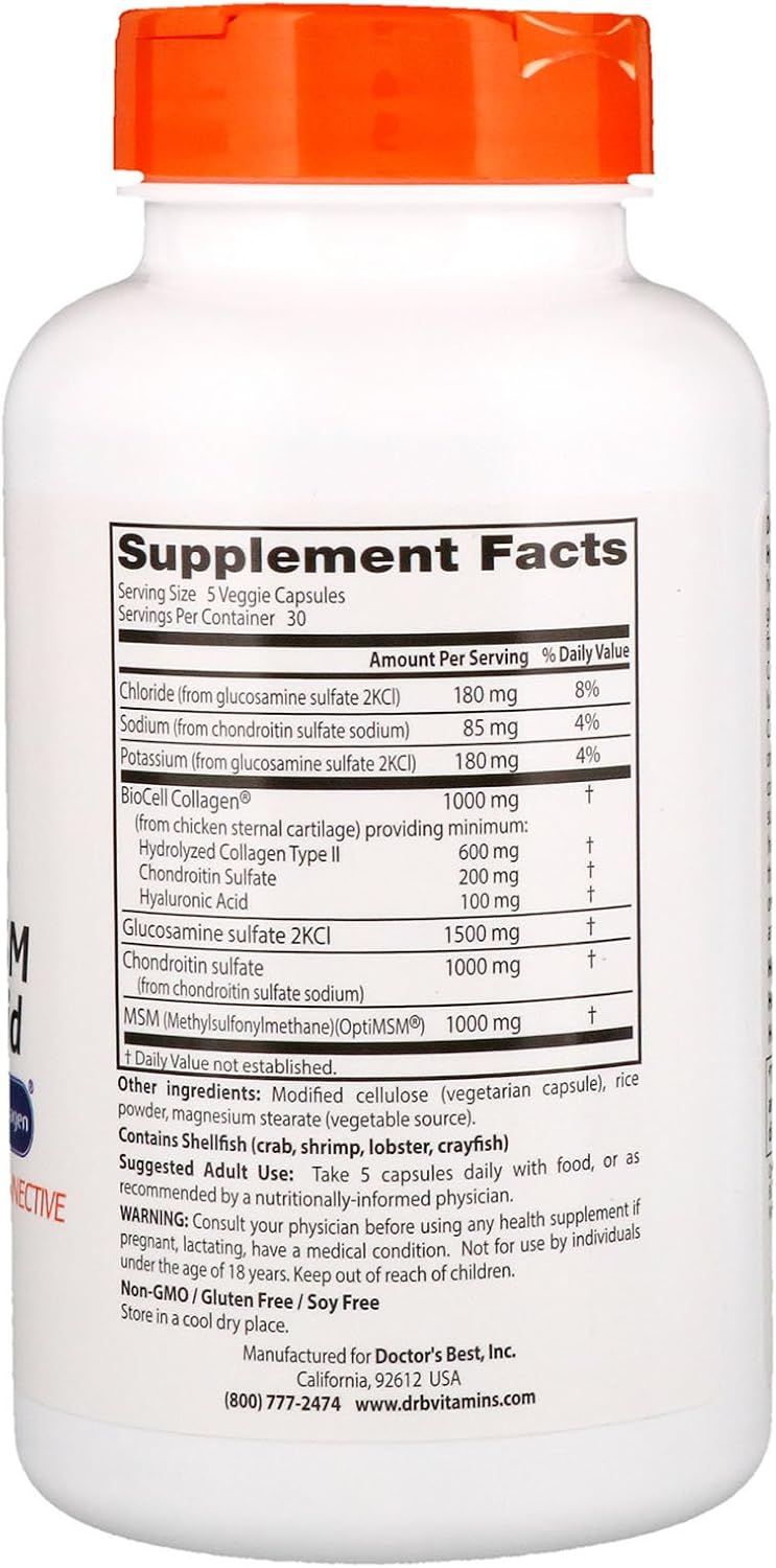 Doctor's Best Glucosamine Chondroitin MSM + Hyaluronic Acid with OptiMSM Featuring Biocell Collagen, Joint Support, Non-GMO, Gluten & Soy Free