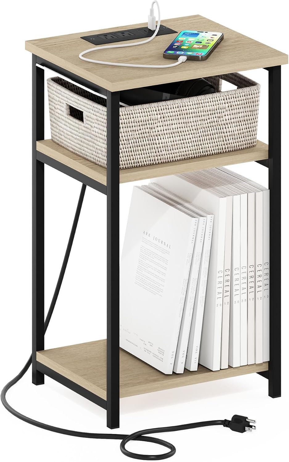 Furinno Turn-N-Tube End Table Corner Shelves, Set of 2, Dark Cherry/Black | Stackable Modern End Table with Open Shelf, Night Stand, Bedside Table, for Living Room, Bedroom