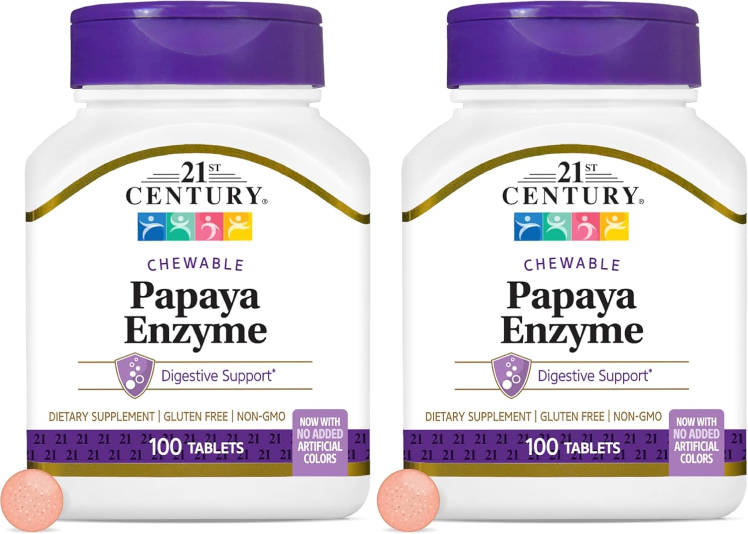 21st Century Papaya Enzyme Chewables for Digestion, Tropical, 100 Count | Papaya & Pineapple Digestive Enzymes with Bromelain & Papain, Digestive Comfort & Gut Health, Gluten Free, Non-GMO