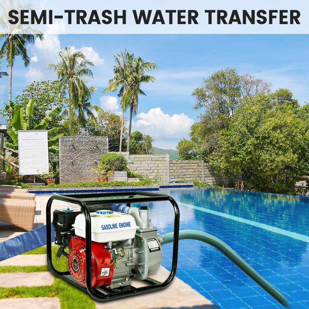 DC HOUSE 6.5 HP 4-Stroke, Gas-Powered Water Transfer Pump, 2 Inch 212CC 158GPM Heavy Duty Semi-Trash Clean Water Pump