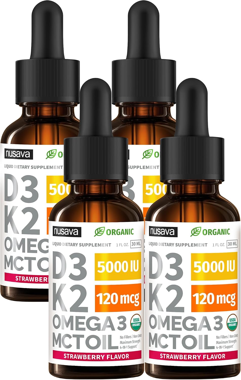 Nusava Organic Vitamin D3 K2 Drops with MCT Oil, Unflavored, Pack of 2
