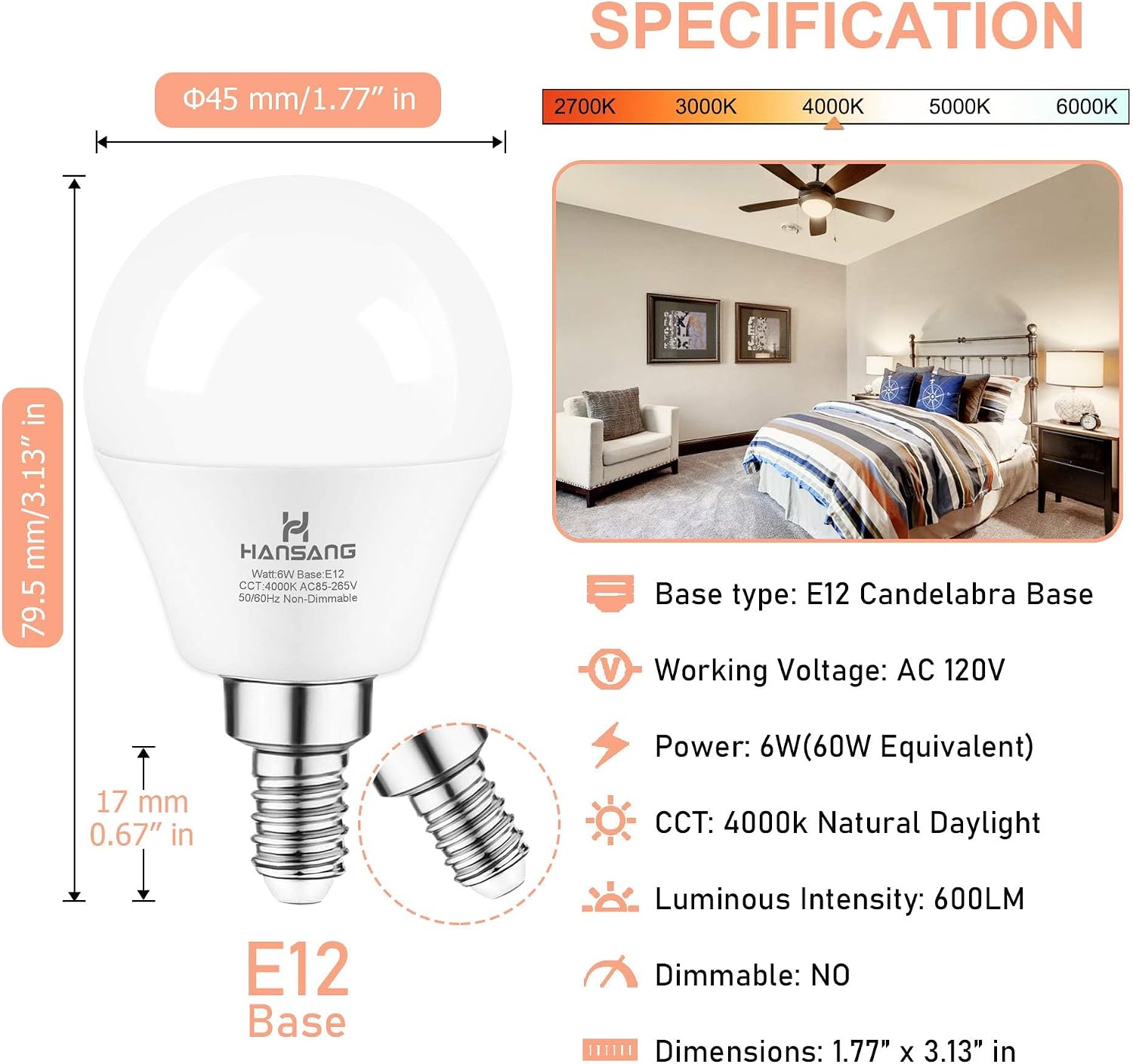 E12 LED Bulb 60W Equivalent Candelabra Light Bulbs 2700K Warm White | Small Base Light Bulb, 6W A15 LED Ceiling Fan Light Bulbs, CRI85+, 120V 600LM Round Bulb for Chandelier, Non-Dimmable 6 Pack