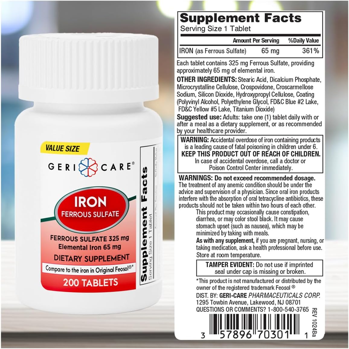 GeriCare Ferrous Sulfate Tablets 325mg, Elemental Iron 65 mg High Potency Iron Supplement | Dietary Supplement 100 Count. (Pack of 1)