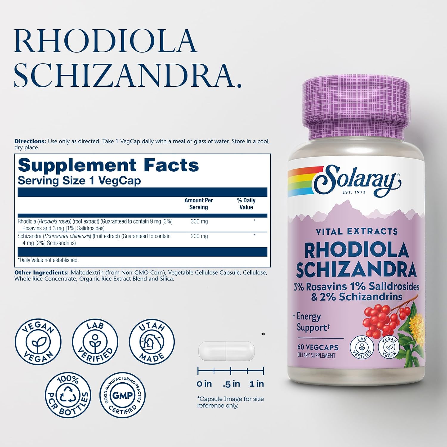 SOLARAY Rhodiola Schizandra - Rhodiola Rosea Extract - Energy Support and Occasional Stress Relief Supplement - Vegan, Lab Verified