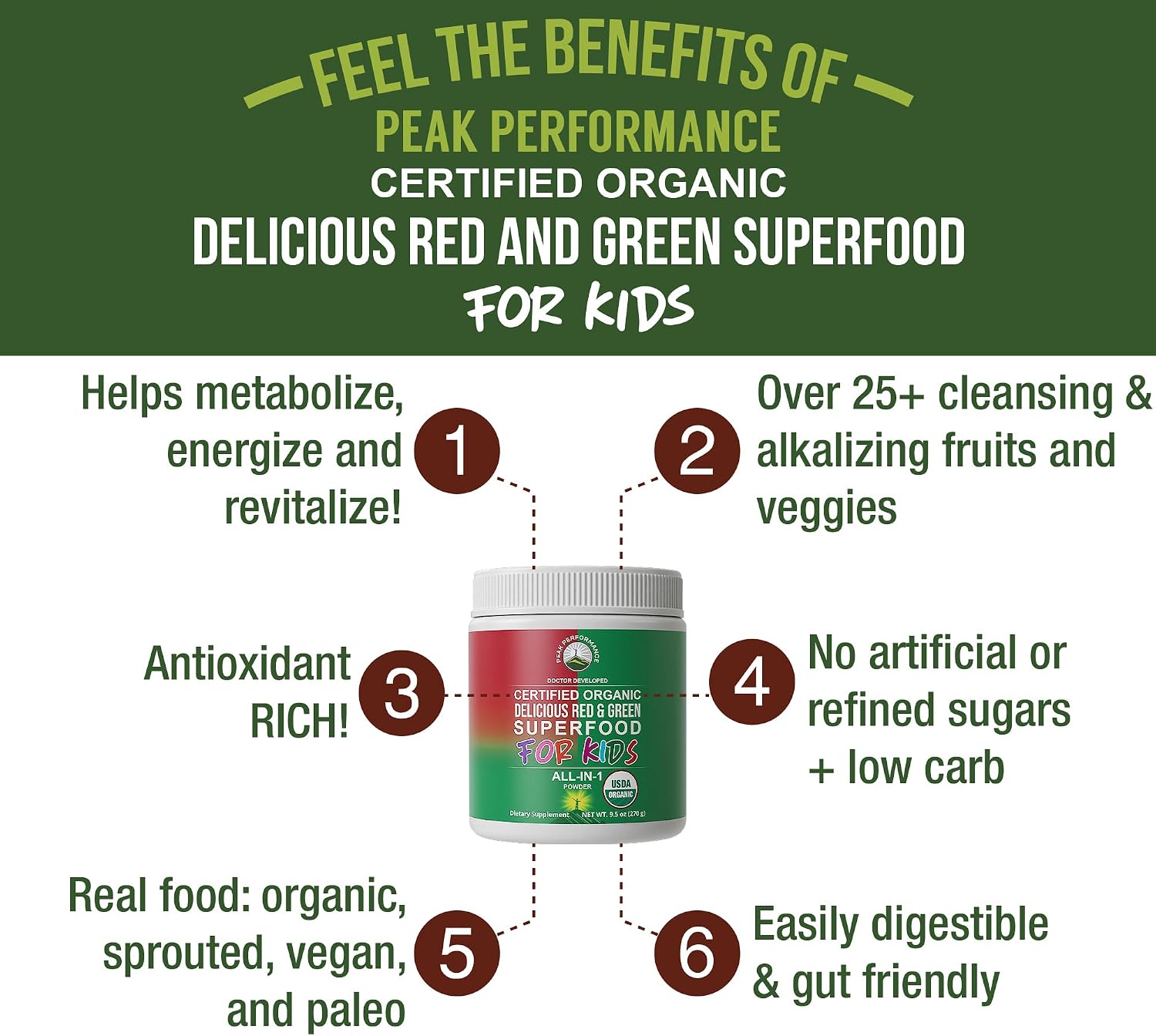 Kids Greens + Reds Superfood Powder. Best Tasting Organic Vegan Super Food | Green and Red Superfoods Juice Powder Supplement for Children with 25+