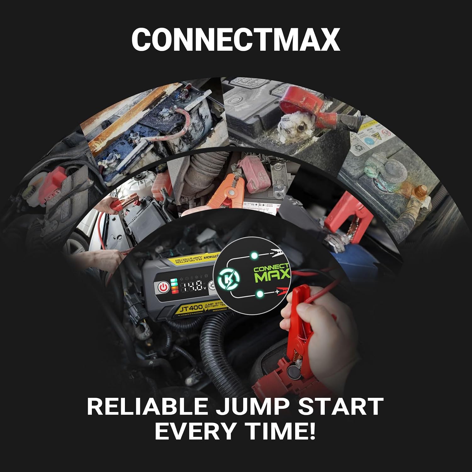 LOKITHOR JT400 2500A Portable Jump Starter with 100–2000 CCA Battery Tester, 12V Car Battery Jump Starter for Up to 8.5L Gas or 6.5L Diesel Engines, Smart Bluetooth Automotive Battery Load Tester