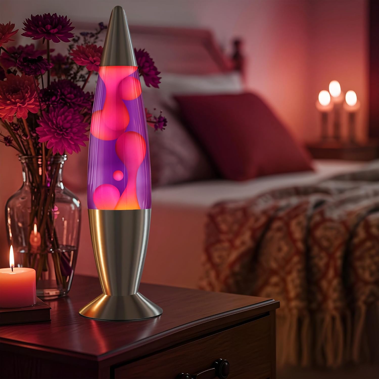 JAMBO 16" Beautiful Lamp- Purple with Yellow/Orange Wax, Relaxing Liquid Light, Night Light Nightlight