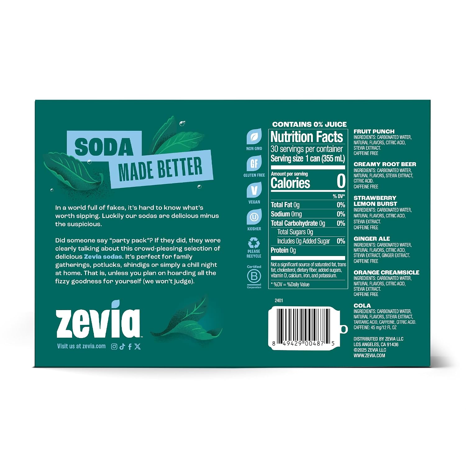Zevia Zero Sugar Soda, Orange Creamsicle, 12 oz Cans (24-Pack) – Caffeine Free, Naturally Sweetened, No Calorie Soda - Non-GMO Project Verified, Gluten-Free, Vegan