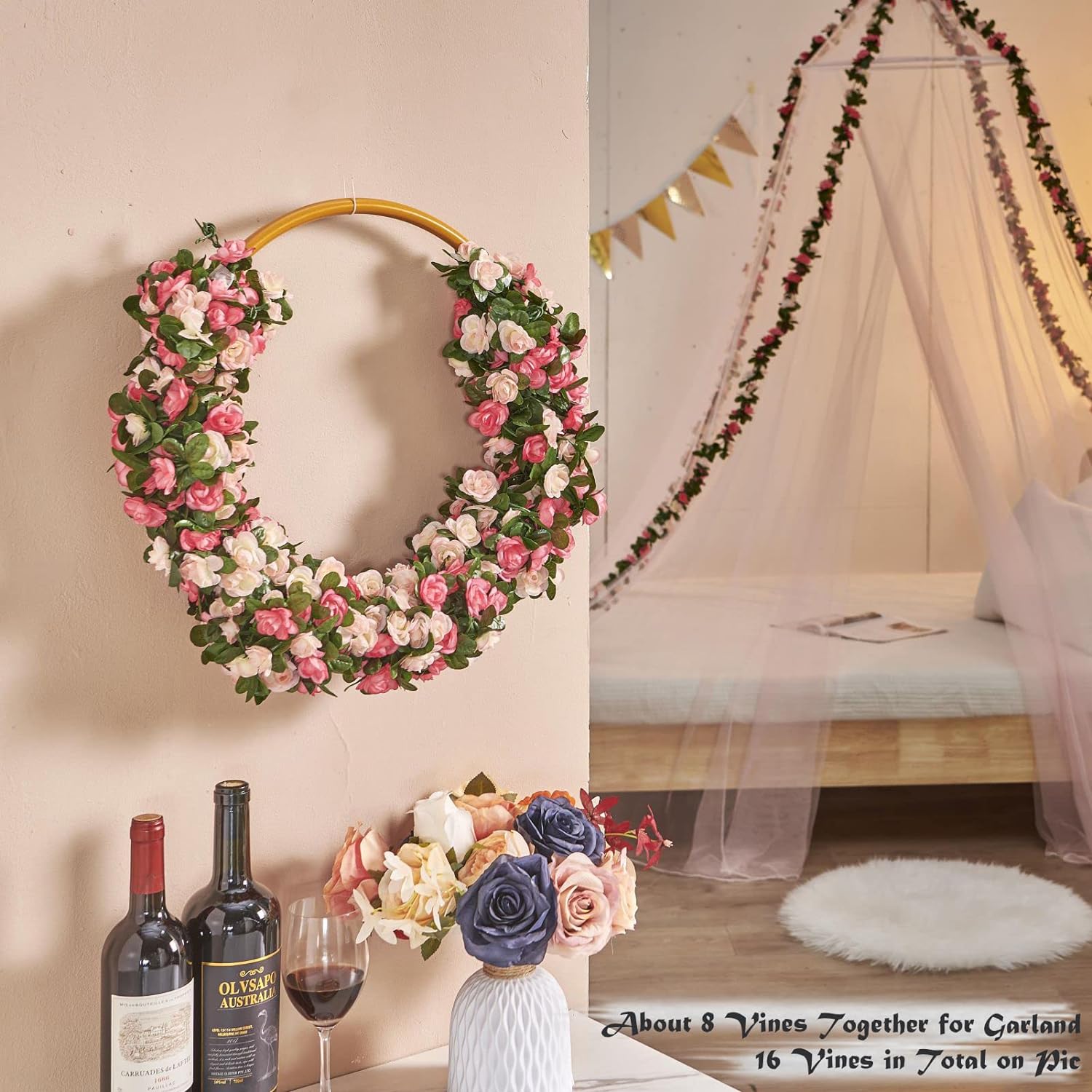 8Pcs x 8.2FT Artificial Flower Garland Floral Rose Vine Decor, Pink Flower