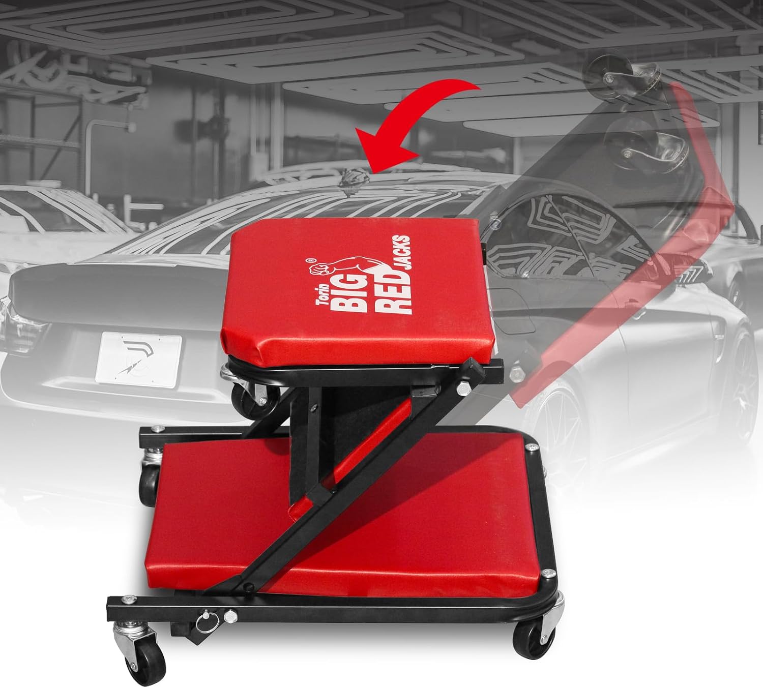 BIG RED TRP6240 Torin Blow Molded Plastic Rolling Garage/Shop Creeper: 40" Mechanic Cart with Padded Headrest, Dual Tool Trays and 6 Casters, Red