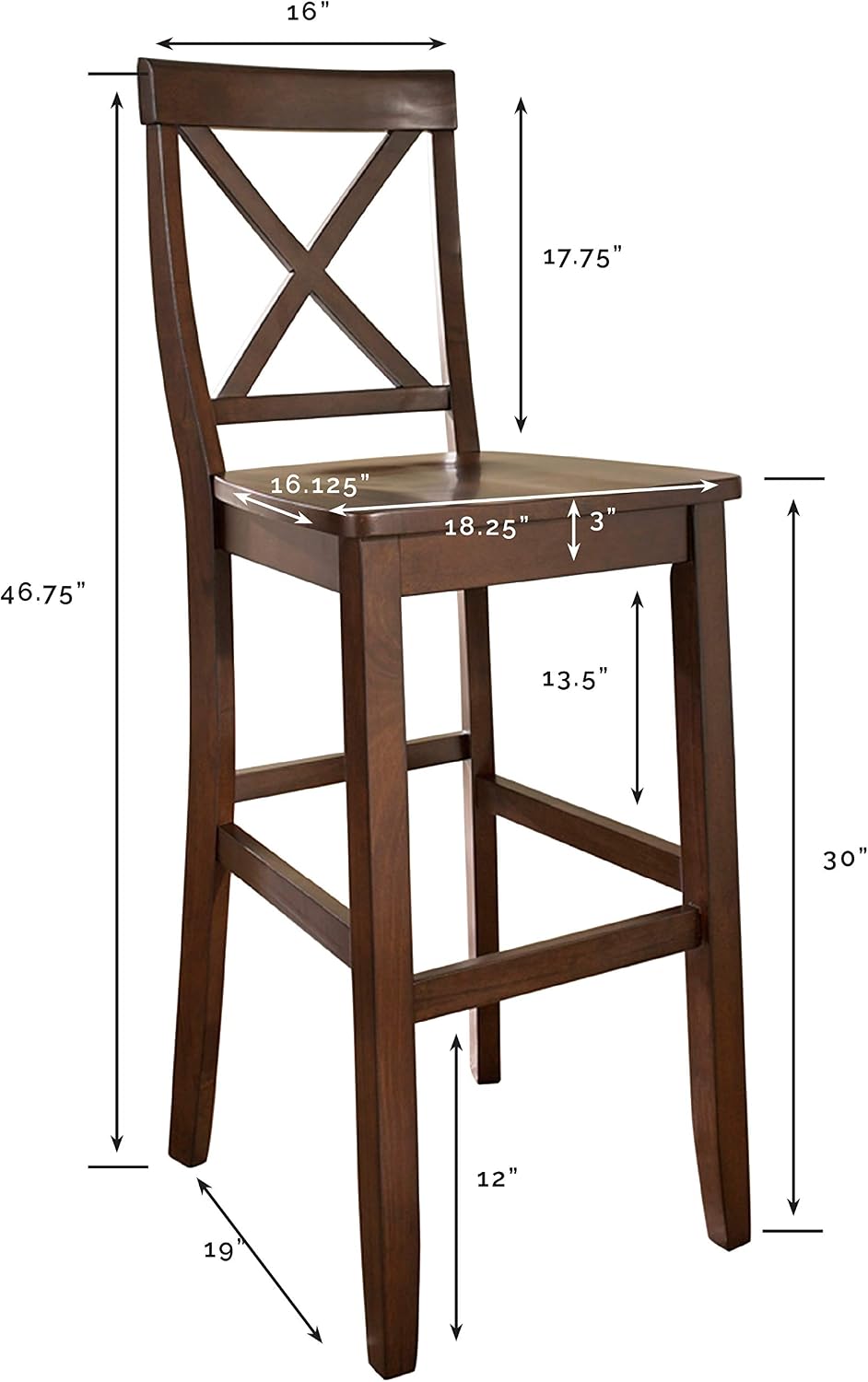 Crosley Furniture X-Back Wood Bar Stools Set of 2, Black, 30-inch