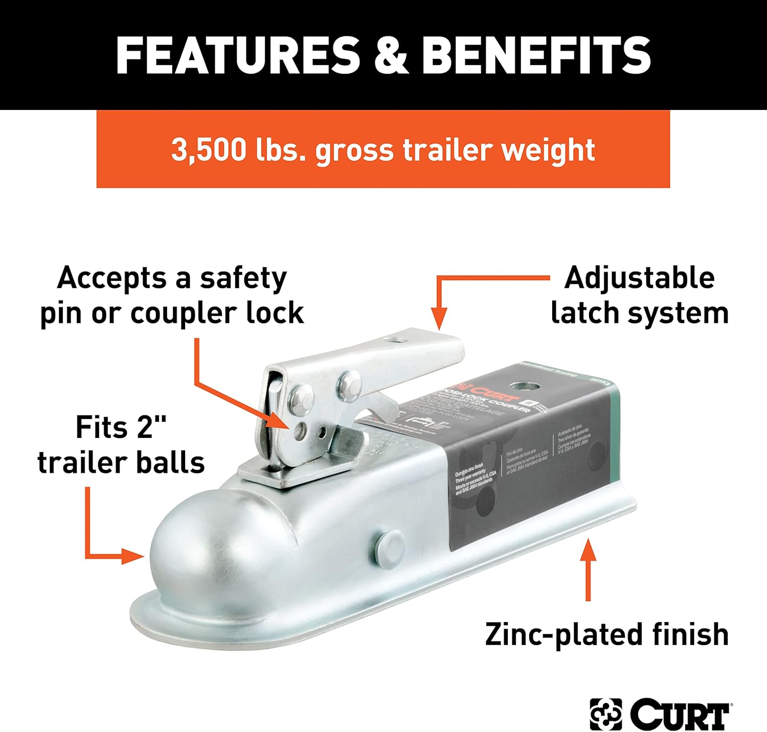 Curt Manufacturing K-5153 Class 2 3500 Gtw 2 in Ball 2 in Channel Zinc Plated