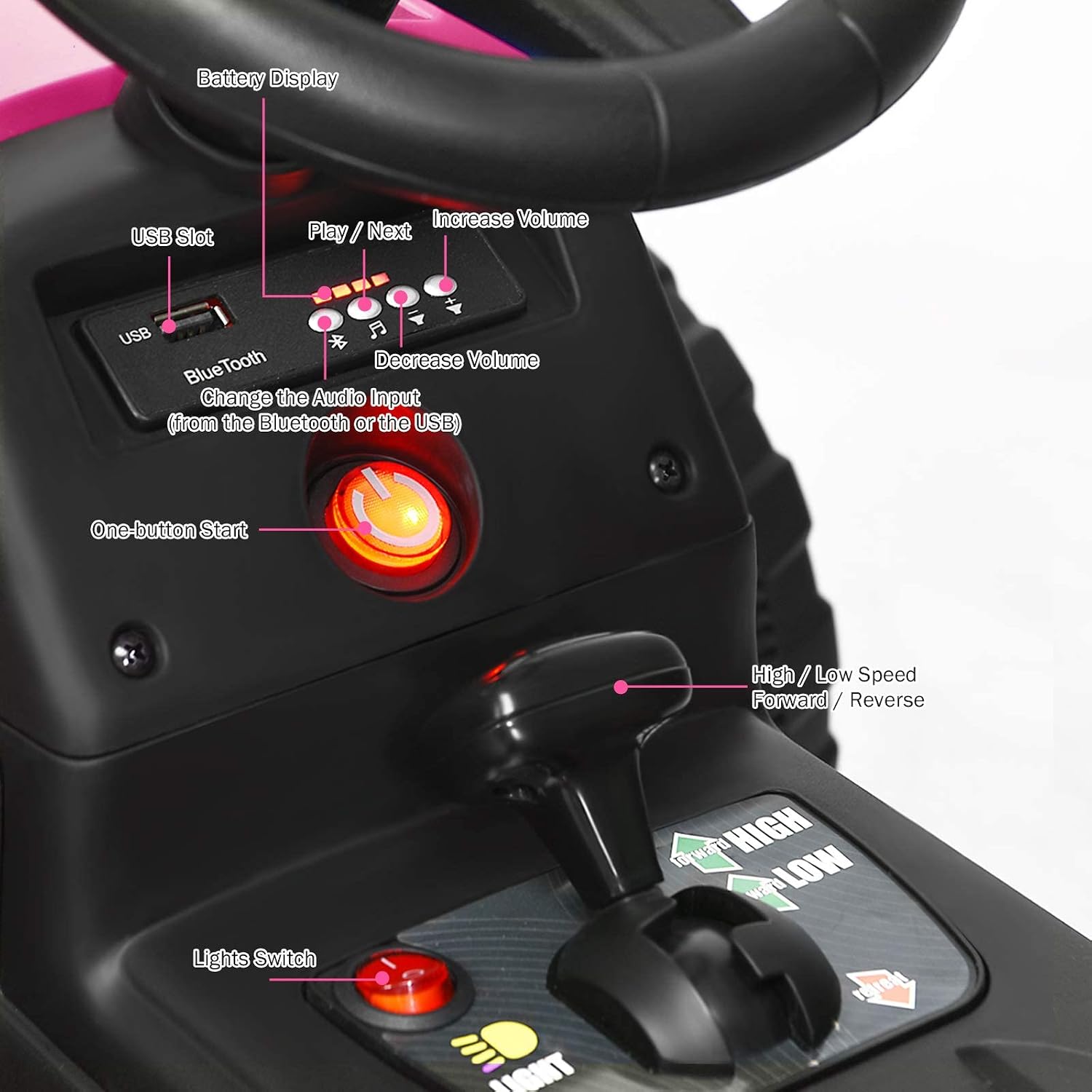 Costzon Ride on Tractor with Detachable Trailer, Kids' Electric Vehicles w/3-Gear-Shift Ground Loader, Wireless Design & USB, 7 LED Headlights