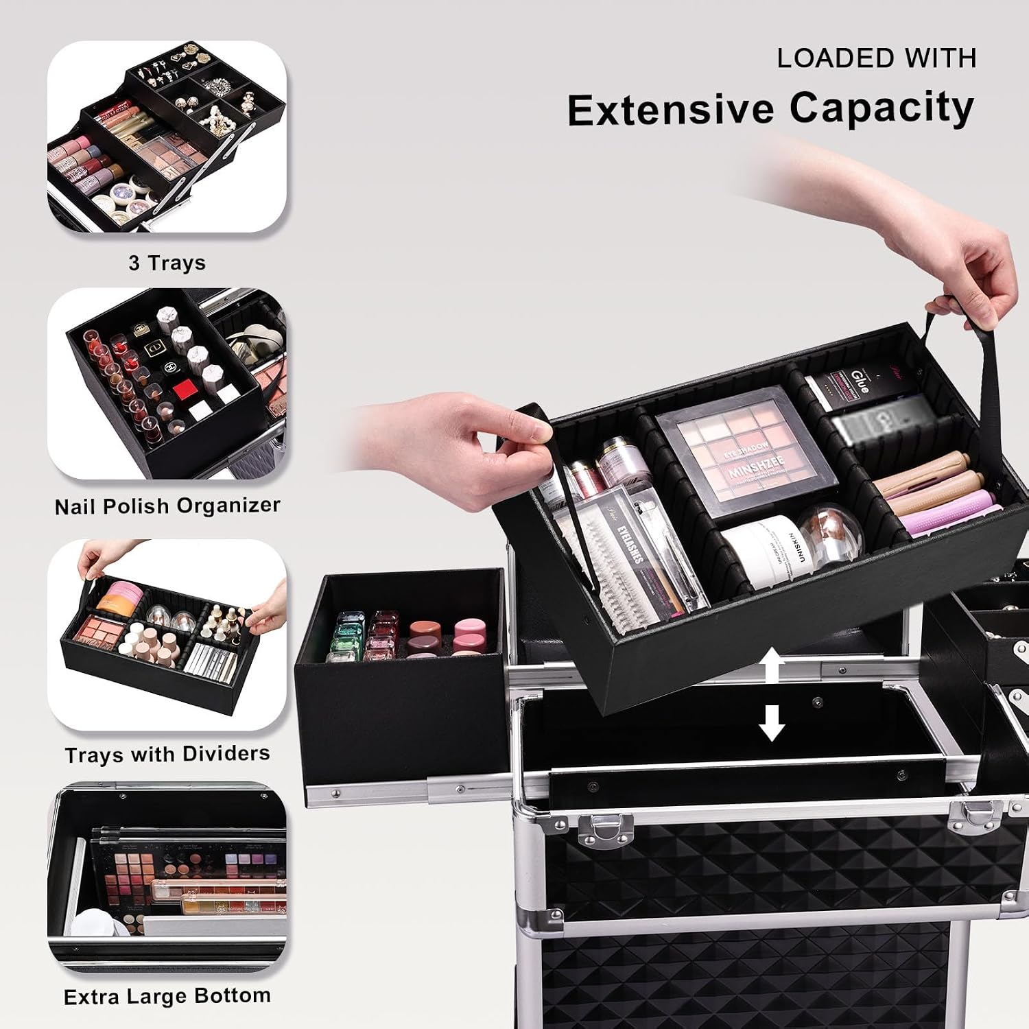 Stagiant Rolling Makeup Train Case Large Storage Cosmetic Trolley 4 Tray with Sliding Rail Removable Middle Layer with Key Swivel Wheels Salon