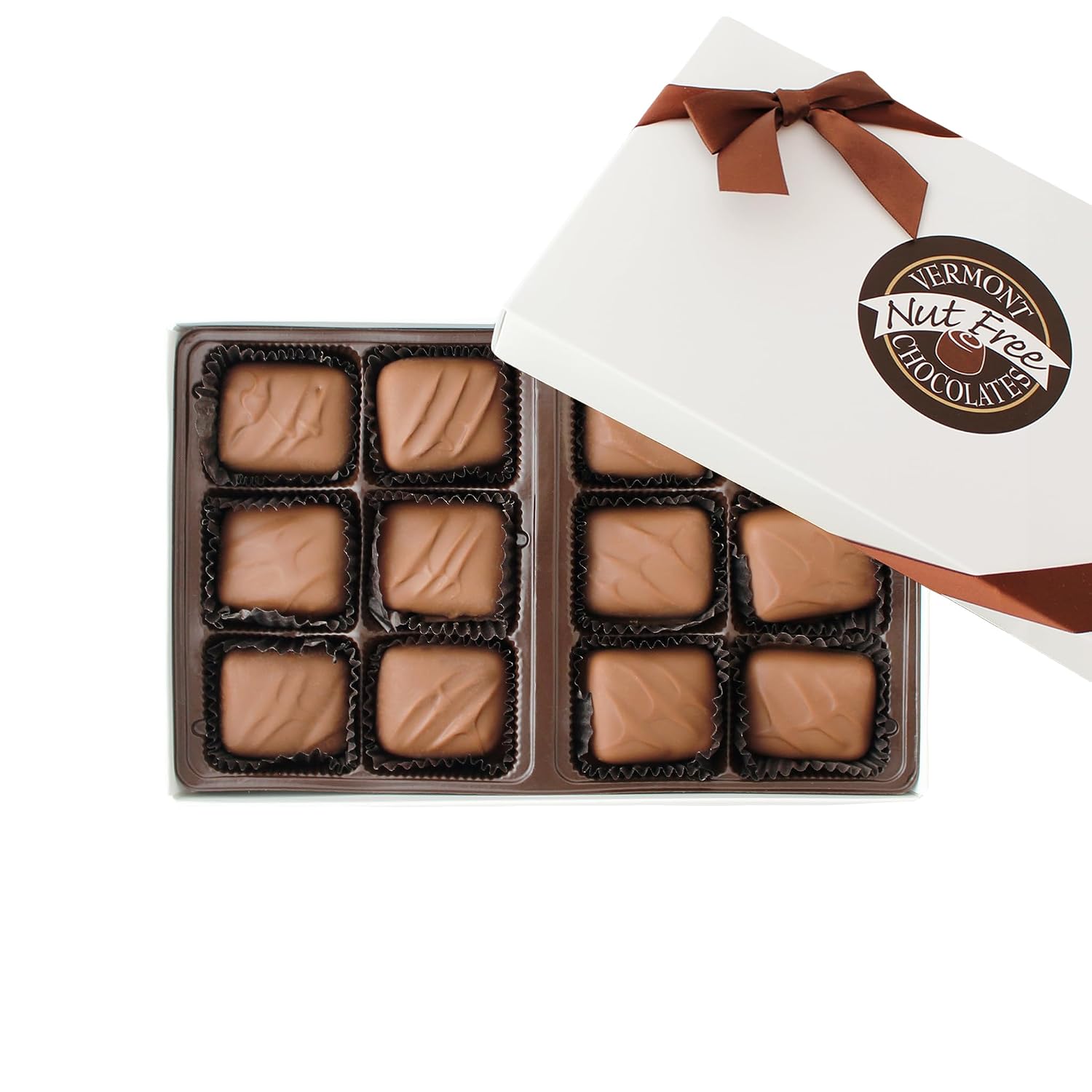 Vermont Nut Free Chocolates Boxed Chocolate Caramels (Assorted Chocolate) 12-Piece, Nut-Free, Egg-Free, Kosher
