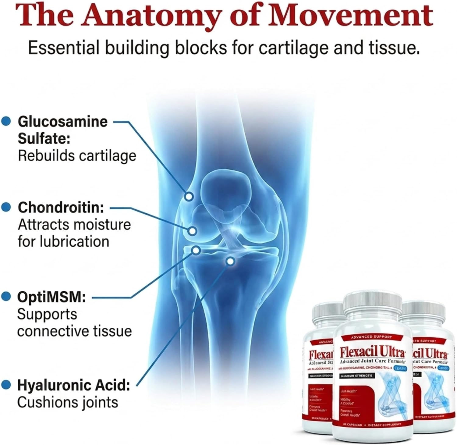 Joint Health & Support Supplement with Glucosamine Sulfate, Chondroitin, Hyaluronic Acid & MSM for Joint Support, Cartilage & Flexability, 60 Capsules