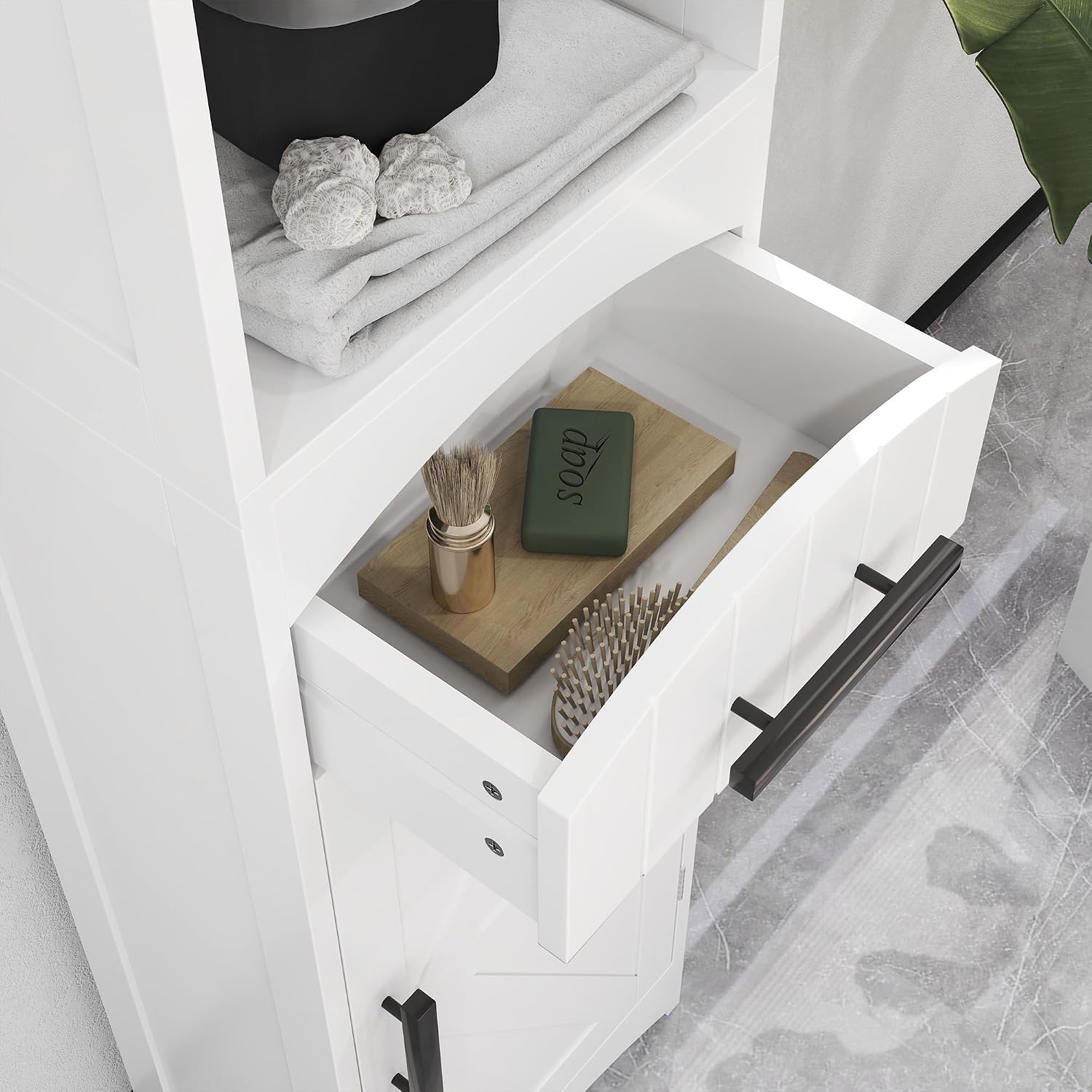 HOMCOM Tall Bathroom Storage Cabinet, Farmhouse Bathroom Cabinet, White | Narrow, Recessed Drawer, Barn Door