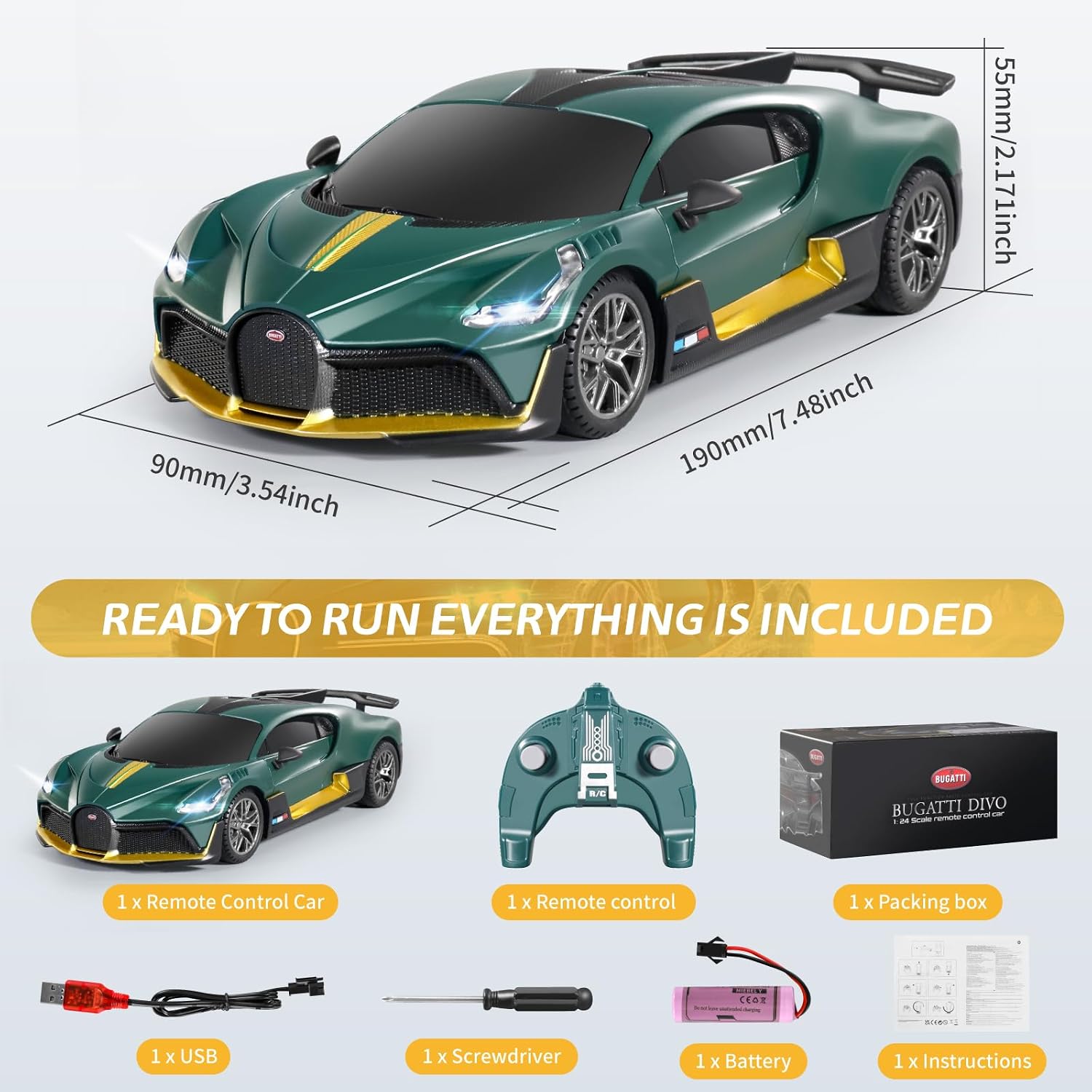 MIEBELY Licensed Bugatti Divo 1:24 Model RC Race Car for Kids Adults | Officially licensed;2.4GHz control; LED headlights;3.7V battery;sturdy ABS;indoor/outdoor play;gift for boys & collectors