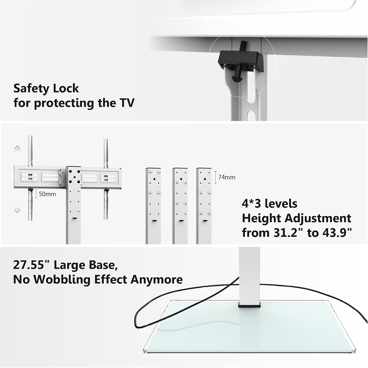 FITUEYES Universal TV Stand with Swivel Mount for 50-85 inch Flat Screens - Height Adjustable Tempered Glass Base Holds up to 143 lbs