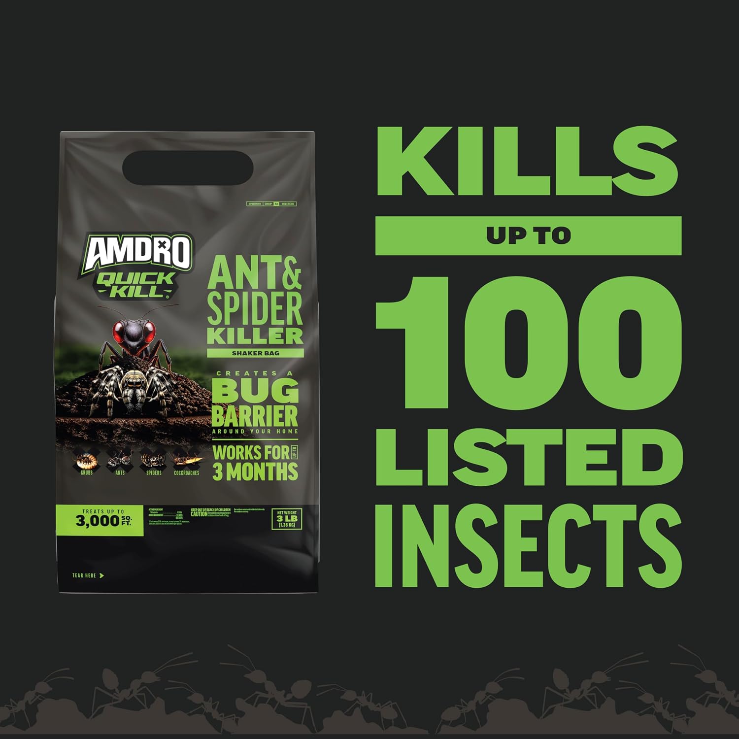 Amdro Kills Ants & Spiders Granules Shaker Bag 3lb | Kills up to 100 insects, covers 3,000 SQ, lasts 3 months, spider and ant killer for lawns