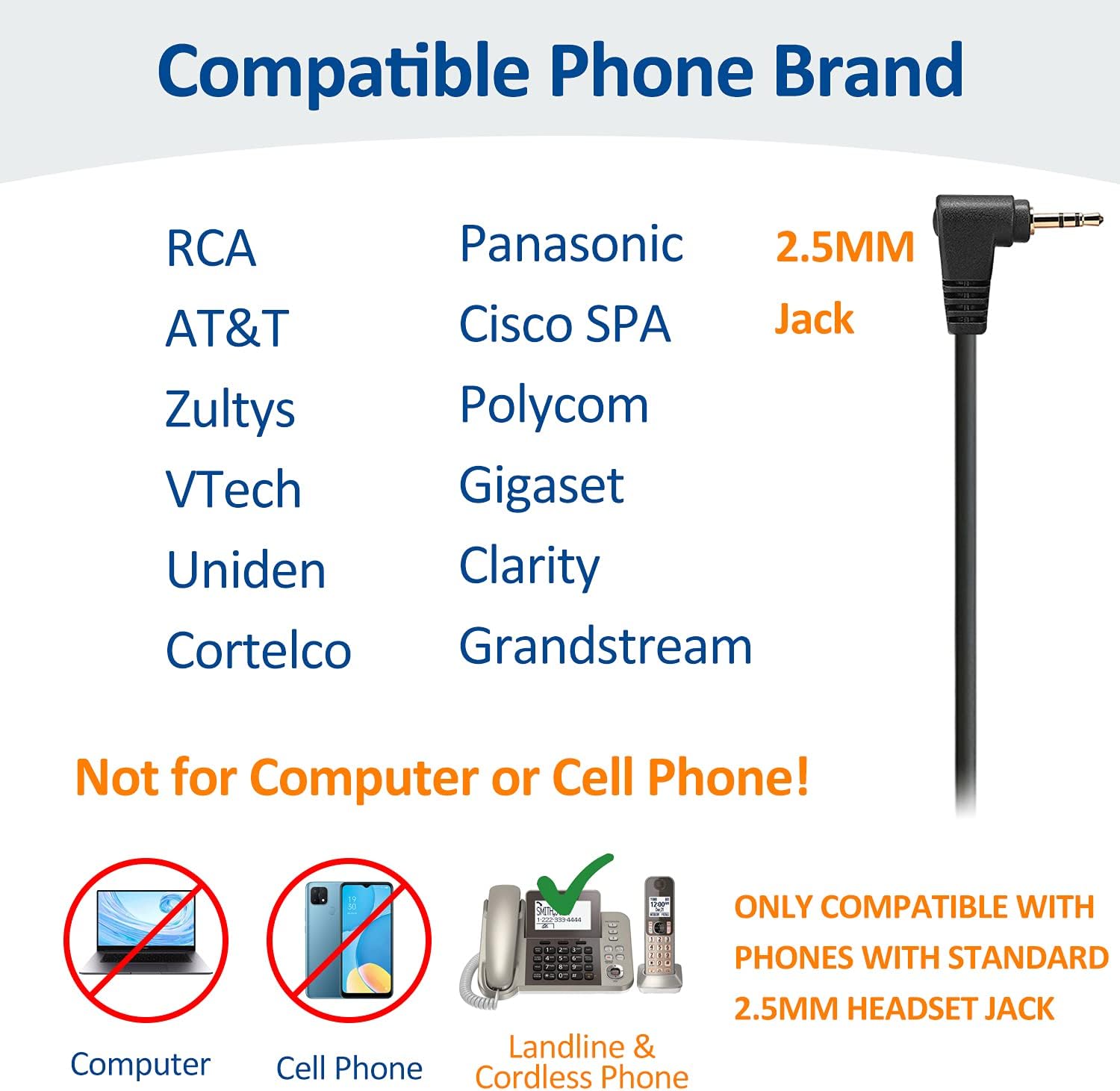 Wantek 2.5mm Telephone Headset with Mic Noise Cancelling, Office Phone Headset Compatible with AT&T ML17929 Panasonic Vtech RCA Uniden Cisco SPA Grandstream Polycom Cordless Dect Phones(A600F)