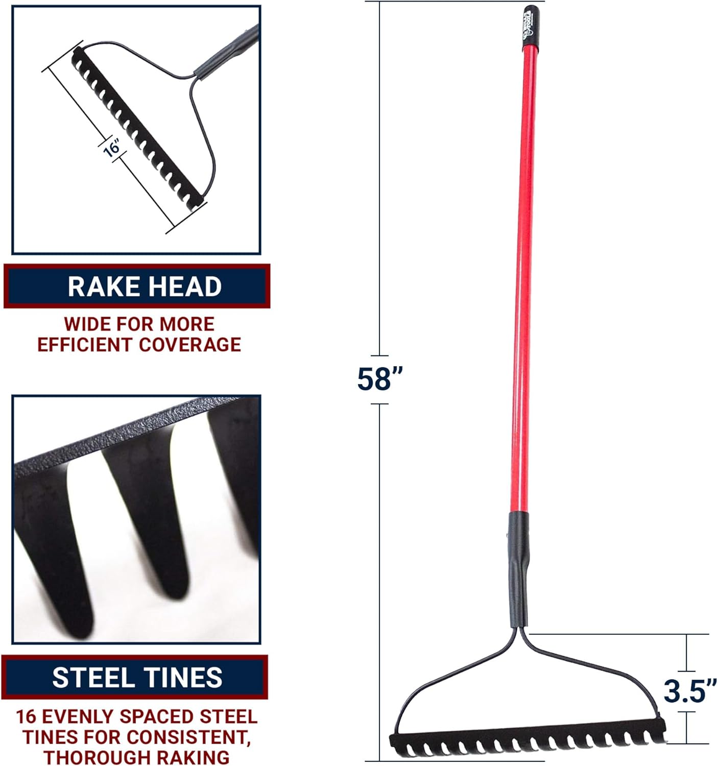 Bow Rake 16" Tines, Heavy Duty Steel Garden Rake for Leaves | 58" Fiberglass Long Handle, Rake For Lawn Debris, Mulch, Soil and Gravel