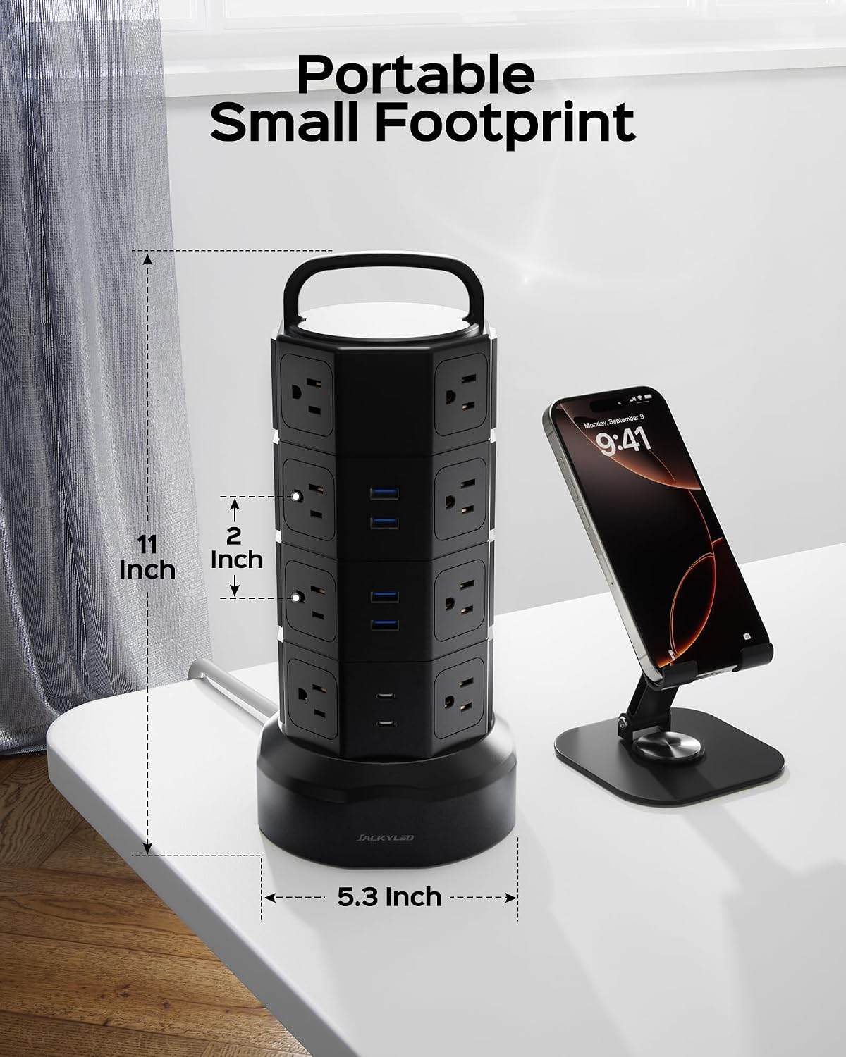 JACKYLED Power Strip Tower Surge Protector, 12 AC 6 USB (2 USB C), 1050J