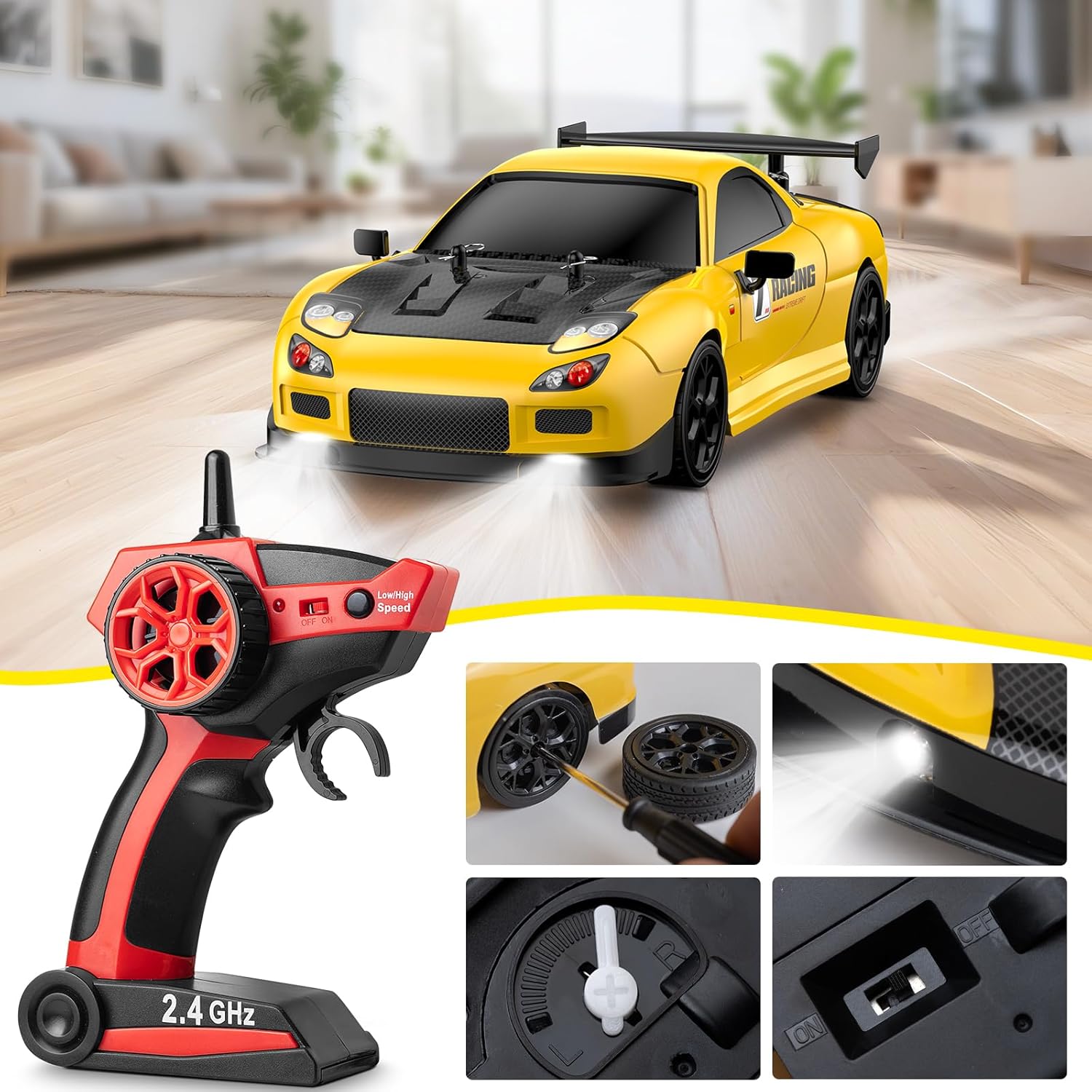 RC Drift Car, 1:14 4WD Drift Remote Control Car 2.4GHz 28km/h Drift RC Car, LED Lights,Racing and Drift Tires RTR for Teens, Kids, Boys