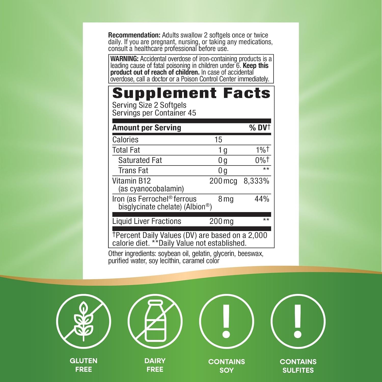 Nature's Way Energizing Iron, Supports Healthy Red Blood Cells*, 8 mg Iron & 200 mcg Vitamin B12 per 2-Softgel Serving, No Gluten