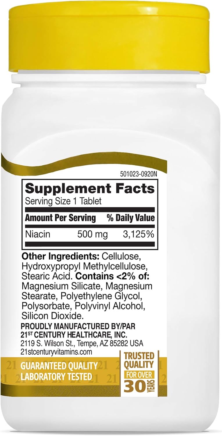 21st Century Niacin 500mg Prolonged Release Tablets, Vitamin B3, 100ct | Vitamin B3 Niacin 500 mg, Energy Metabolism, Heart & Nervous System Support, Prolonged-Release Formula, Non-GMO, Gluten Free