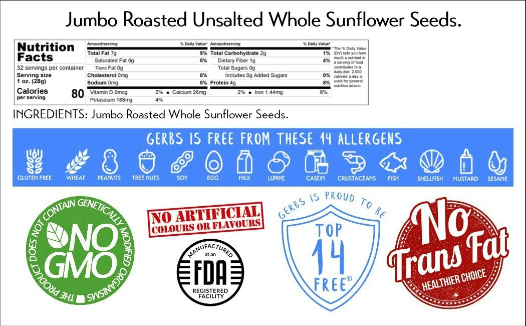 Lightly Sea Salted Sunflower Seed in Shell by Gerbs - 2 LBS - Top 11 Food Allergen Free & Non GMO - Premium Dry Roasted Seeds – COG USA | Small Batch, No Artificial Additives, Resealable Bag | Crack-and-Eat Crunchy Snack | Top 14 Allergen-Free