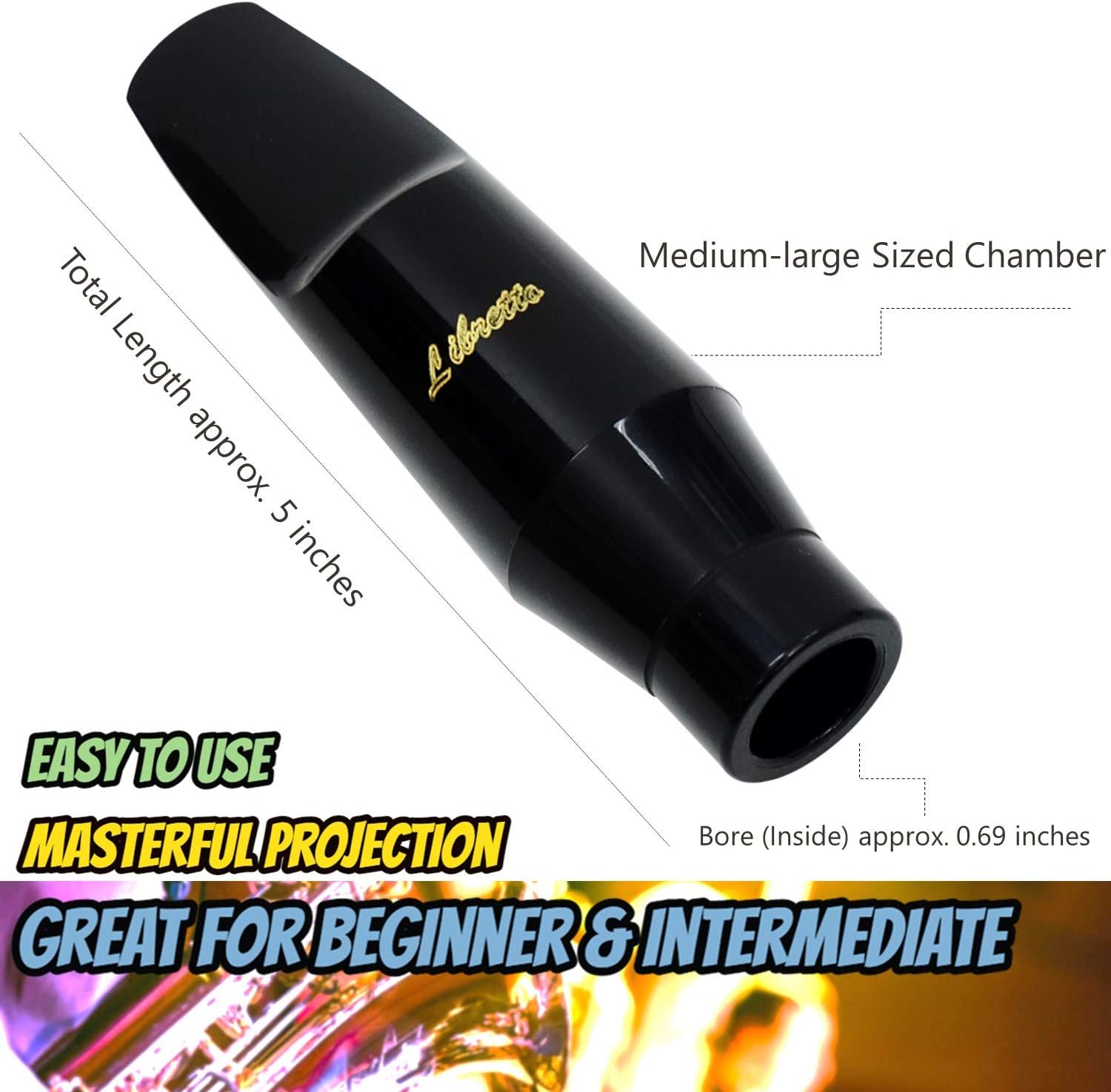 Libretto Baritone Saxophone Mouthpiece Kit: Standard Set With ABS 4C Mouthpiece, Plastic Cap, Gold Lacquered Ligature - Giftable