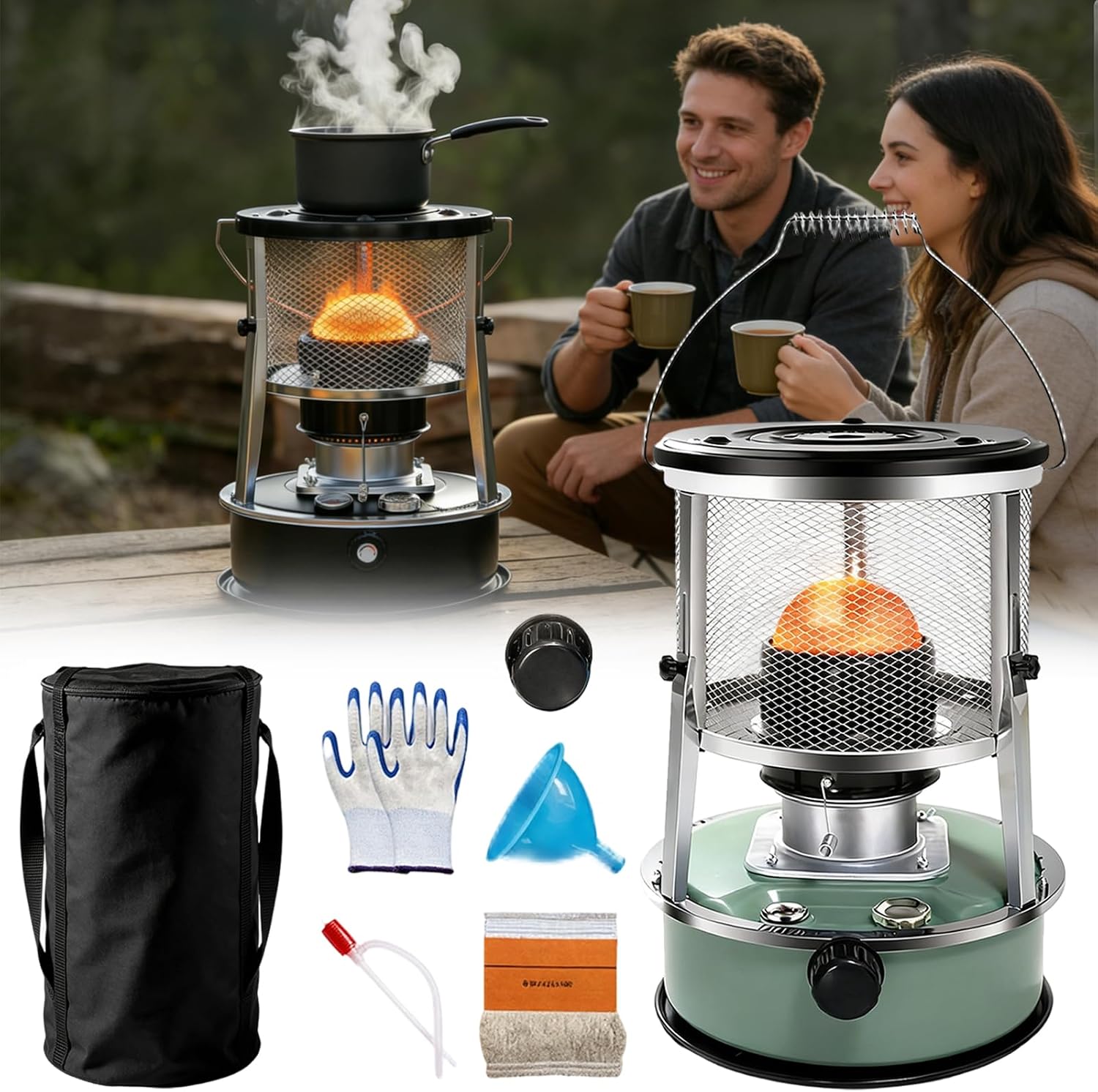 Indoor Heater Non-Electric, 9000 BTU Portable Kerosene Heater for Indoor & Outdoor Use, with Cooking Function, 6 Wicks & Bag, Height Adjustable for Camping, Emergency Heat & Survival (Black)