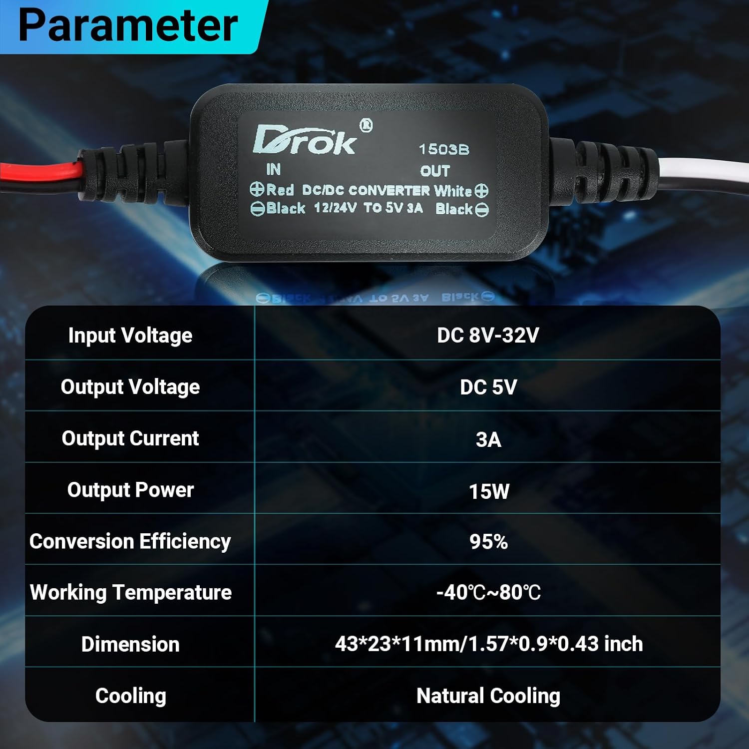 DROK 12V to 6V Step Down Converter, DC 11-32V to 6V 3A Buck Converter, 24V 12V DC Power Supply Voltage Regulator for Vehicle Car Truck RV Solar Panels