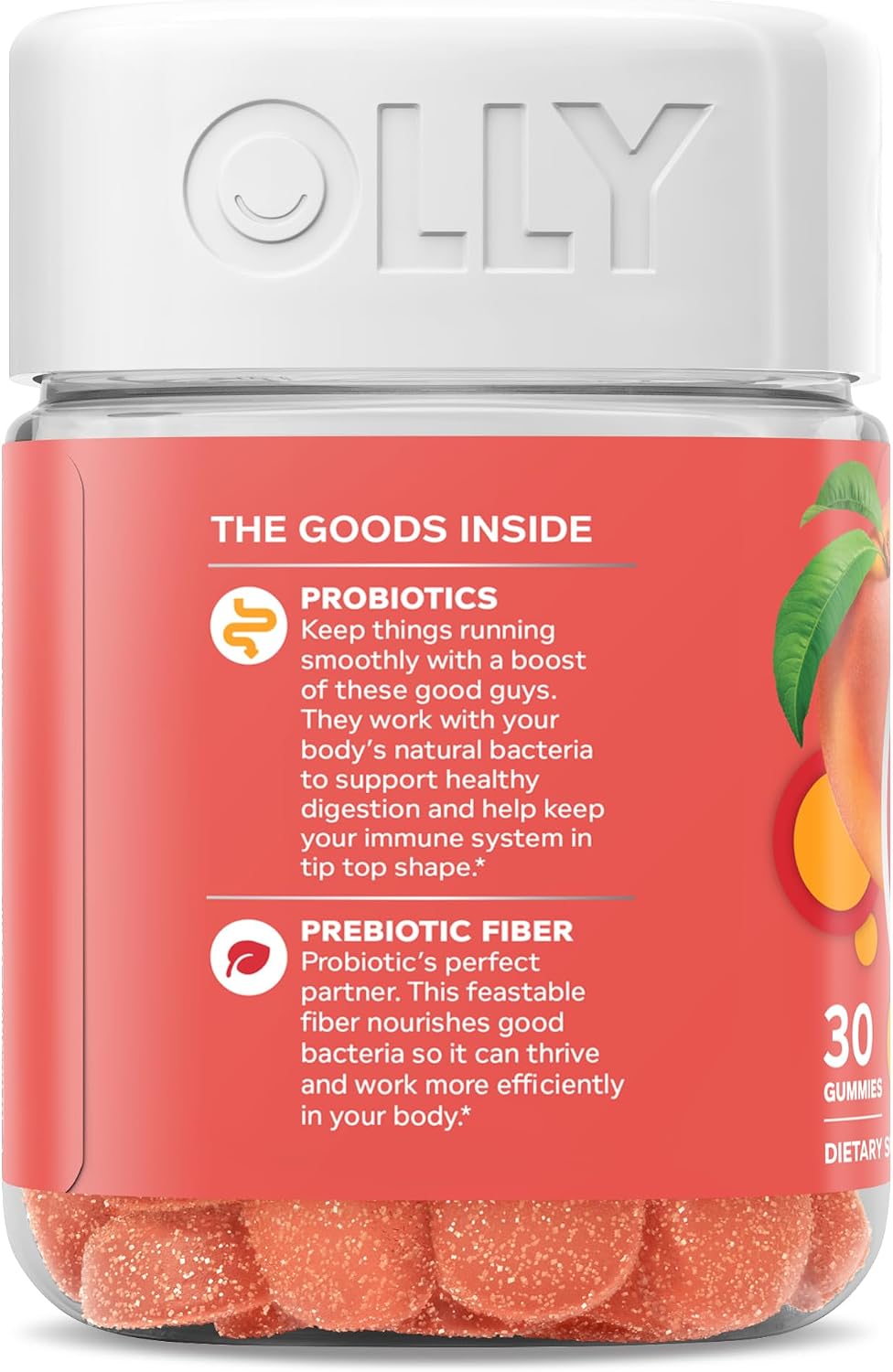 OLLY Probiotic + Prebiotic Gummy, 500 million CFUs, Peachy Peach - 30 Count