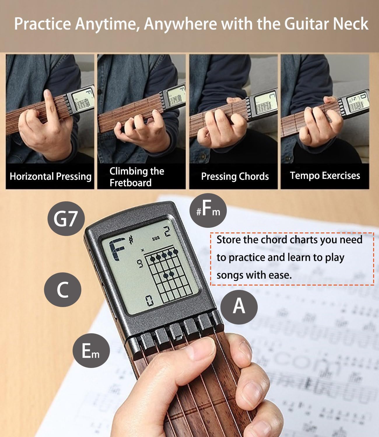 Pocket Guitar Chord Practice Tool, Portable Guitar Neck for Trainer Beginner w/a Rotatable Chords Chart Screen Battery Included