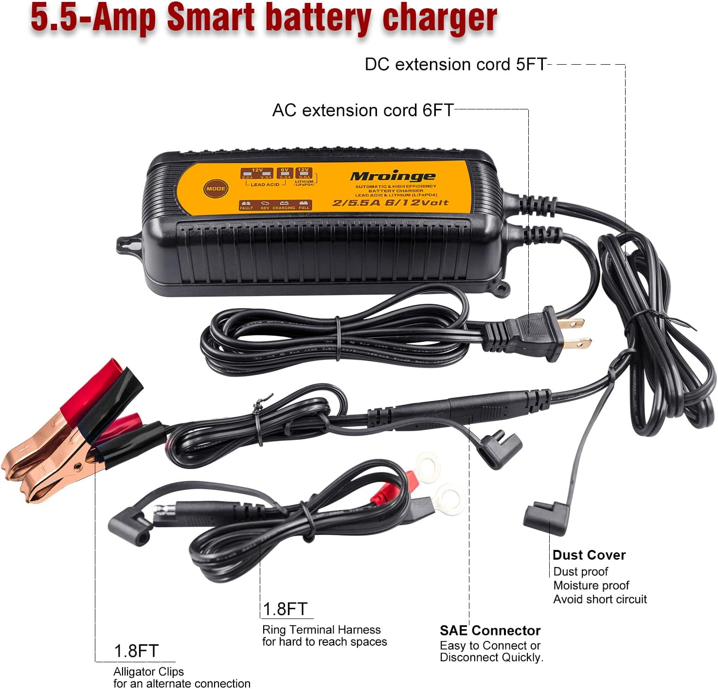 Smart Battery Charger, Mroinge 5.5A 6V/12V Automatic Battery Charger/Maintainer for Cars, Motorcycles, SUVs, Trucks and More