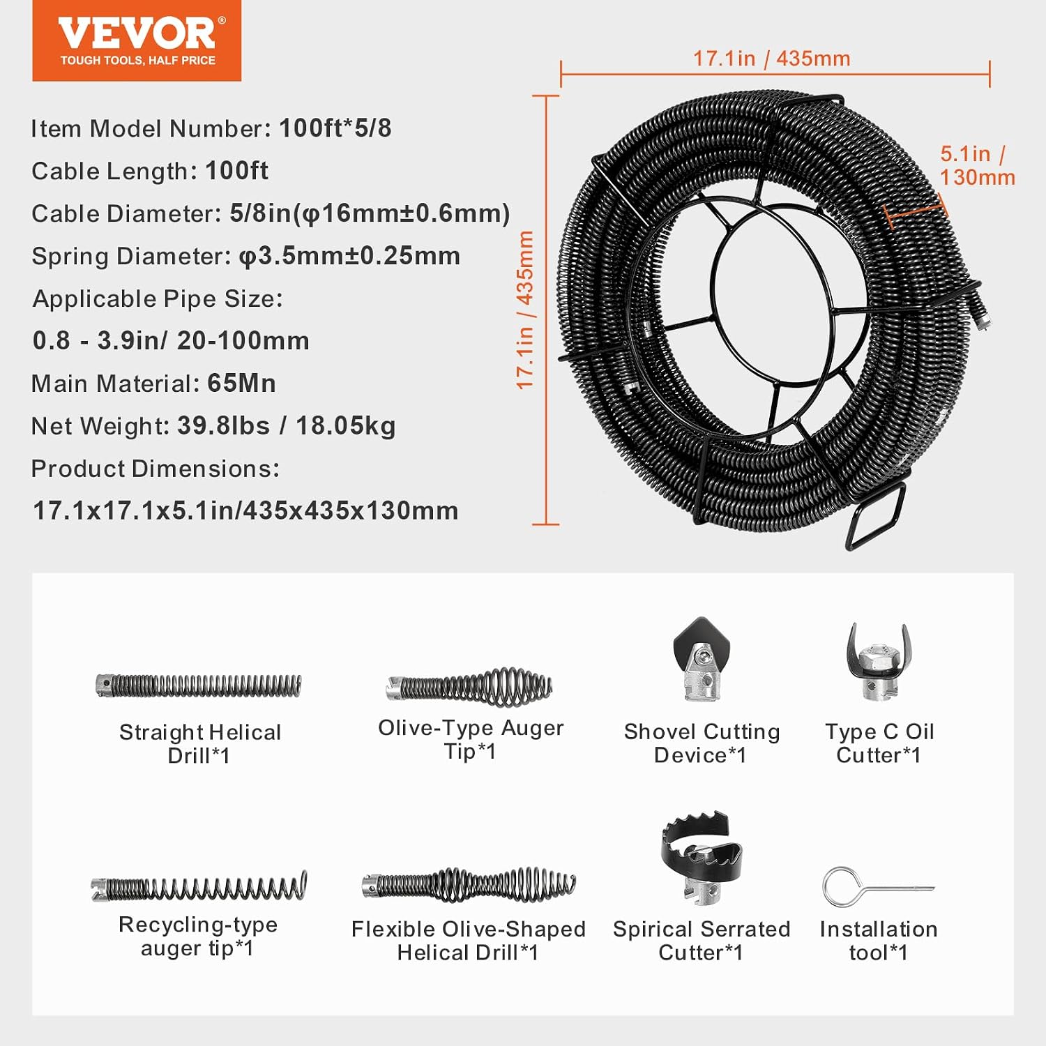 VEVOR Drain Cleaning Cable 100 FT x 5/8 Inch, Professional Sectional Drain Cleaner Cable with 7 Cutters for 0.8" to 3.9" Pipes for Hollow Core Sewer Cleaner Auger Sink, Toilet