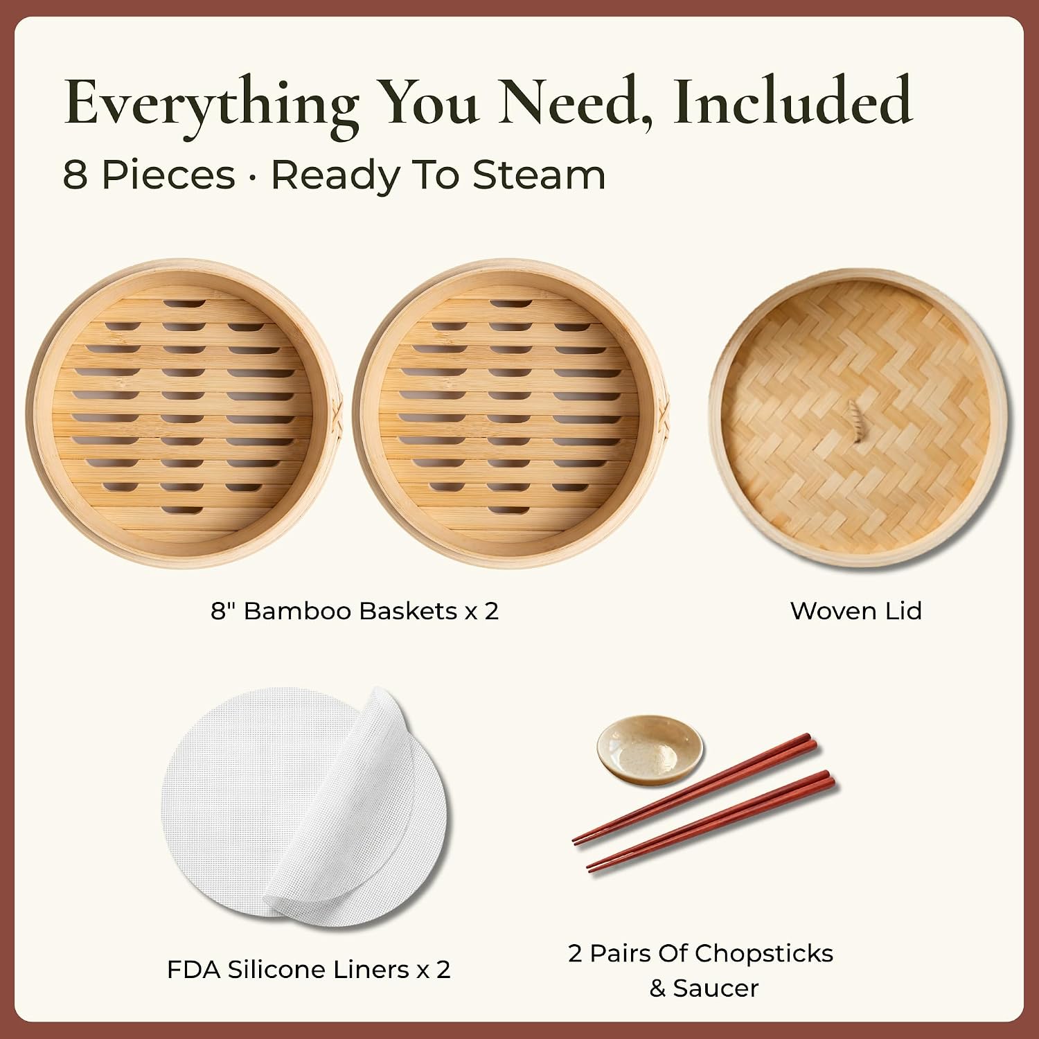 HAPPI STUDIO Bamboo Steamer Basket 10 Inch, Extra Deep Dumpling Steamer Set